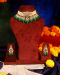 Royal Sabyasachi-Inspired Kundan Collar Necklace Set with Ruby Accents & Emerald Green Droplets