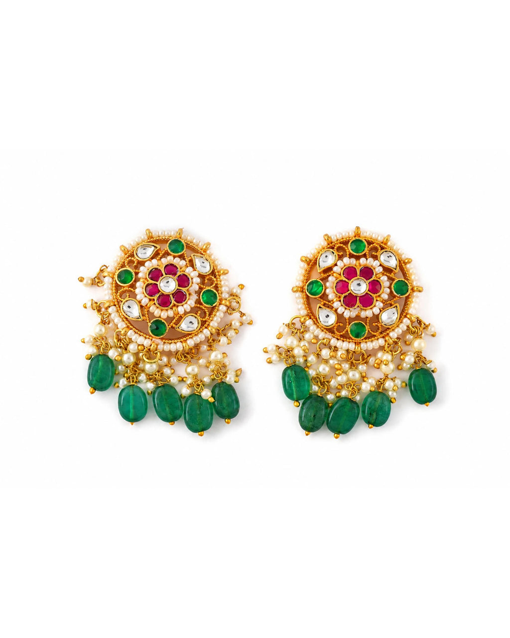 Multi-Layer Pearl Necklace Set with Kundan Emerald Pendant  Indian Bridal Statement Jewelry