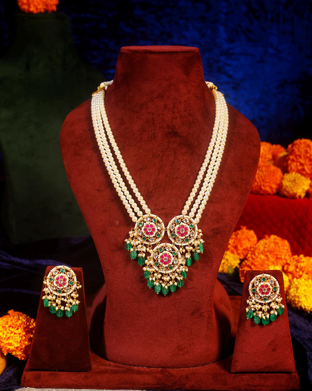 Multi-Layer Pearl Necklace Set with Kundan Emerald Pendant  Indian Bridal Statement Jewelry
