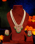 Multi-Layer Pearl Necklace Set with Kundan Emerald Pendant  Indian Bridal Statement Jewelry