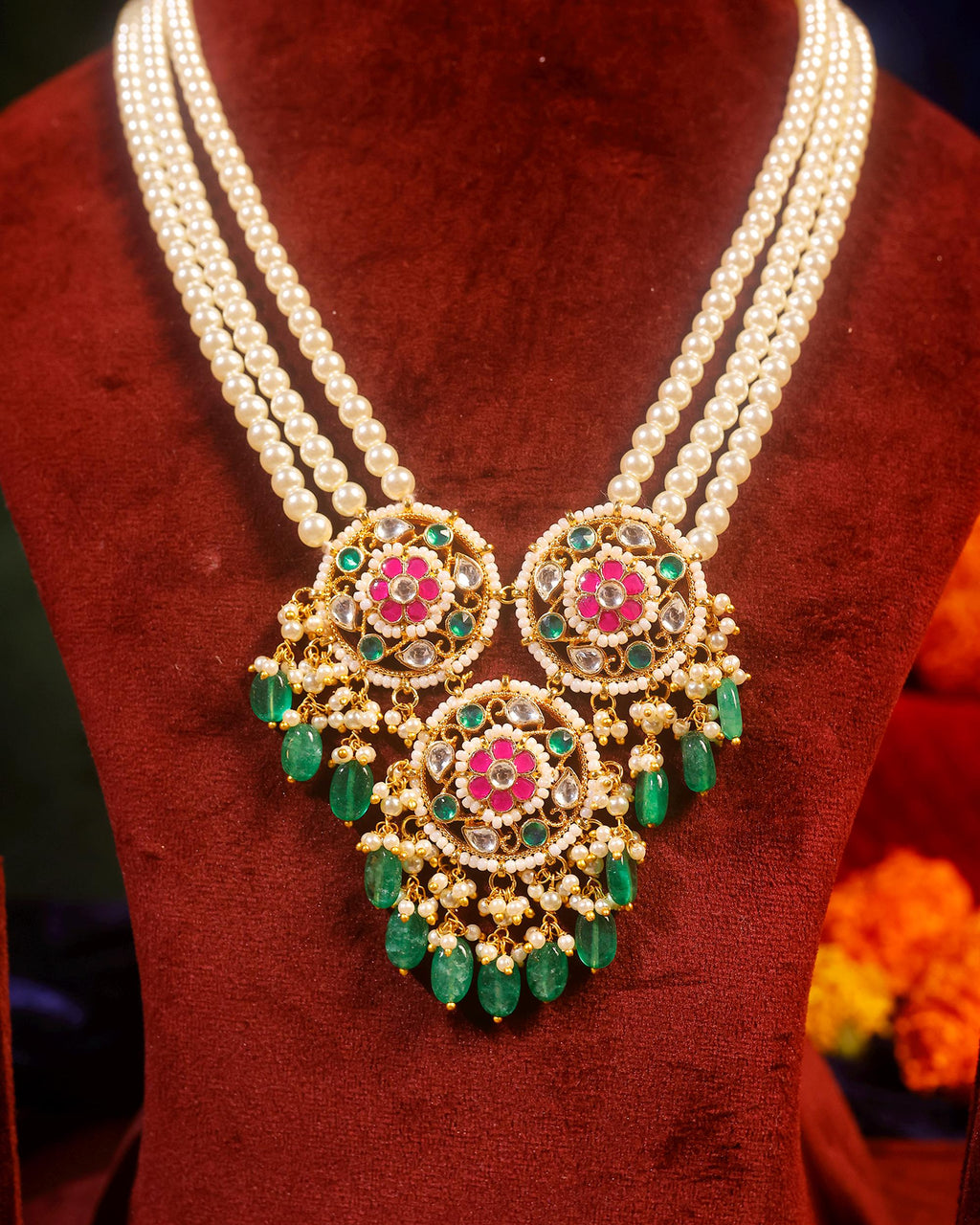 Multi-Layer Pearl Necklace Set with Kundan Emerald Pendant  Indian Bridal Statement Jewelry