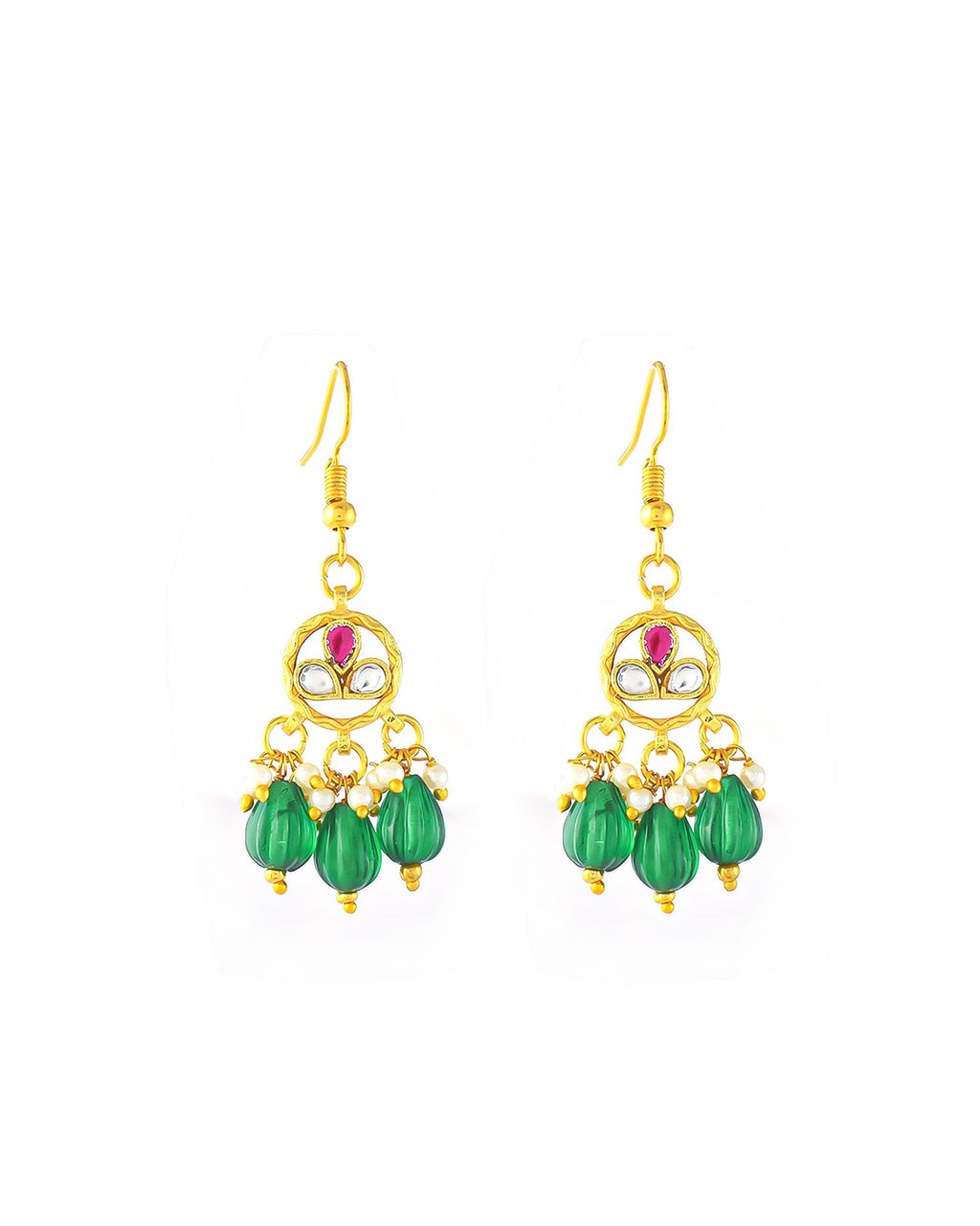 Gold-Plated Choker Necklace Earrings Set: Emerald Green Beads, Ruby Accents