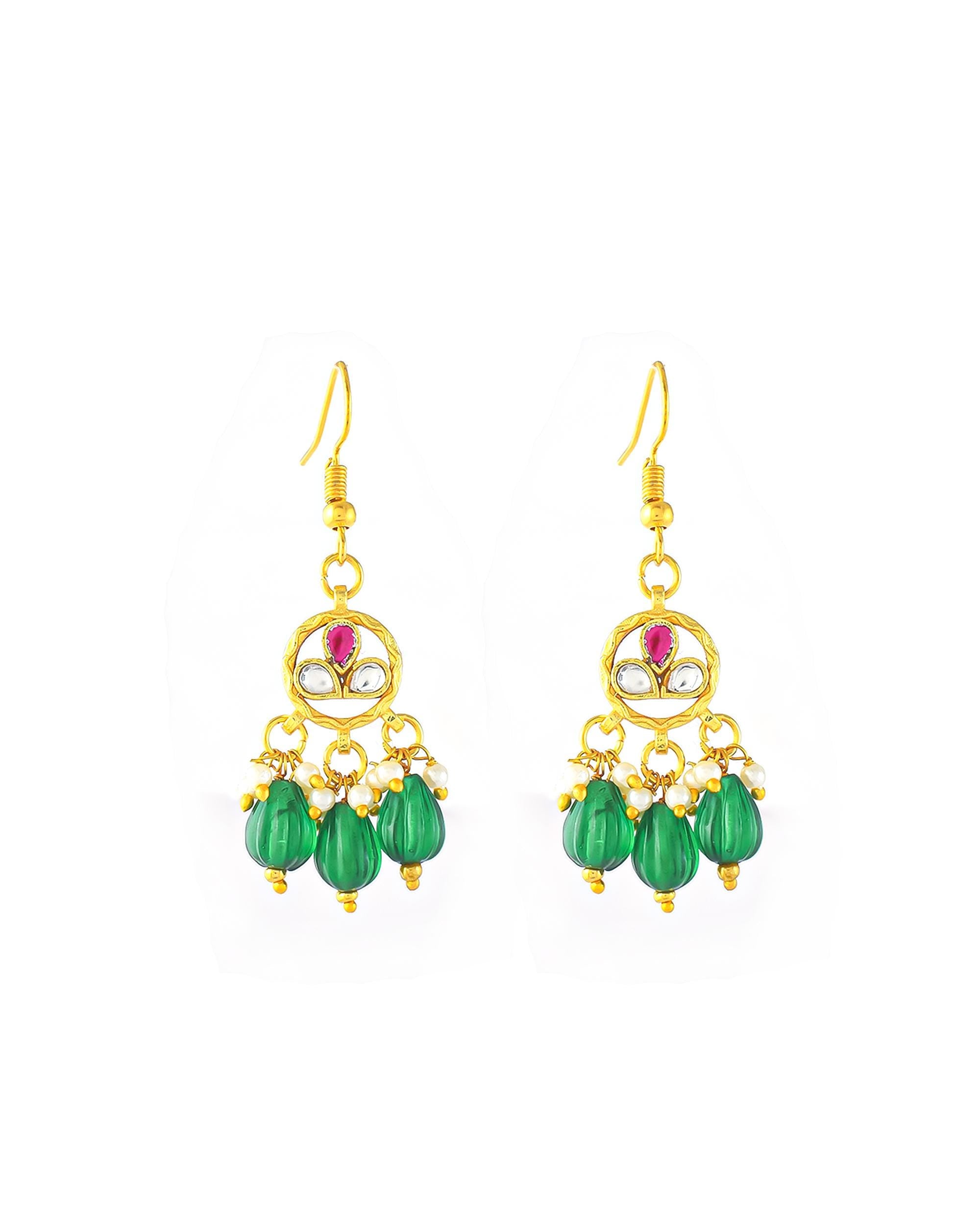 Gold-Plated Choker Necklace Earrings Set: Emerald Green Beads, Ruby Accents