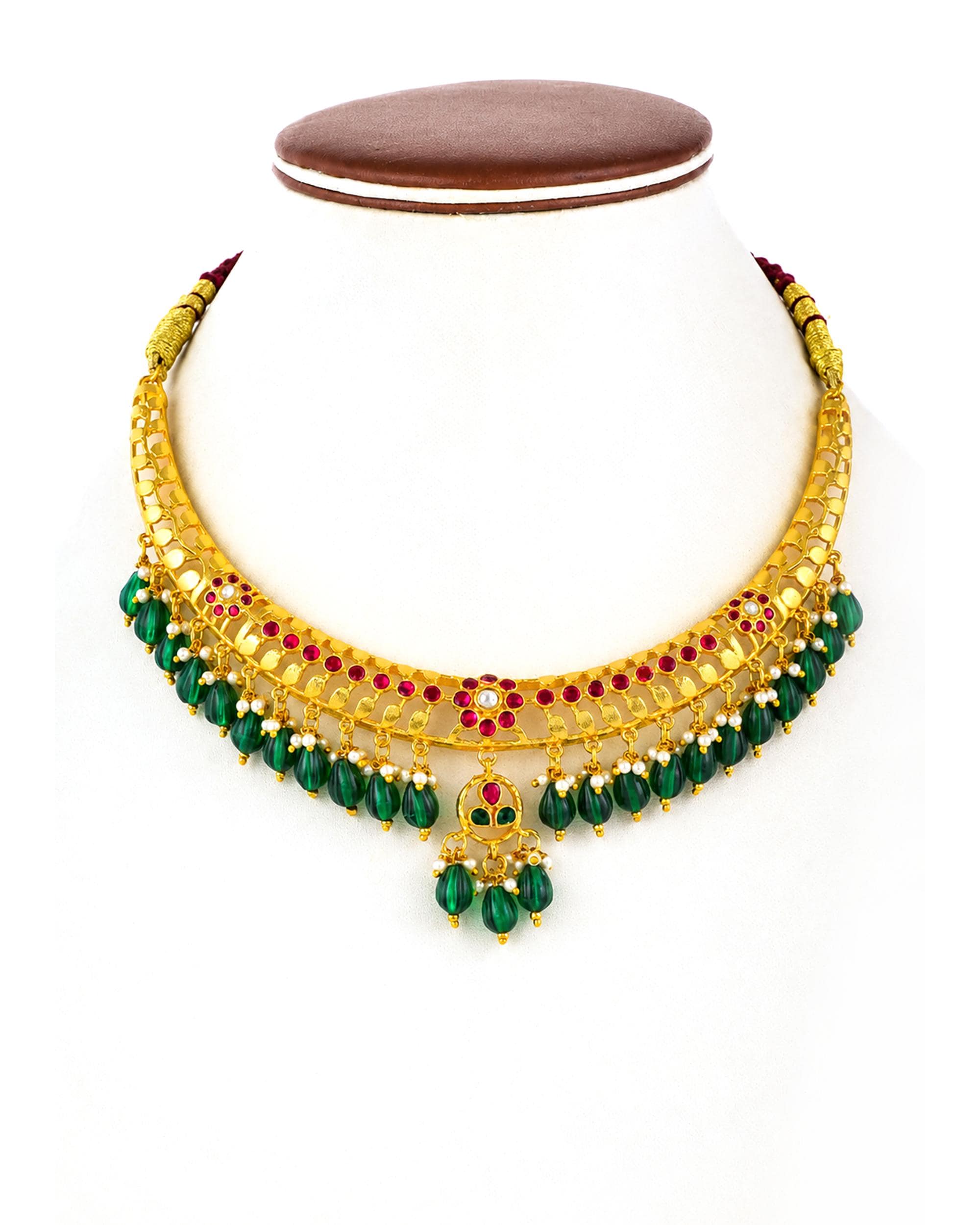 Gold-Plated Choker Necklace Earrings Set: Emerald Green Beads, Ruby Accents