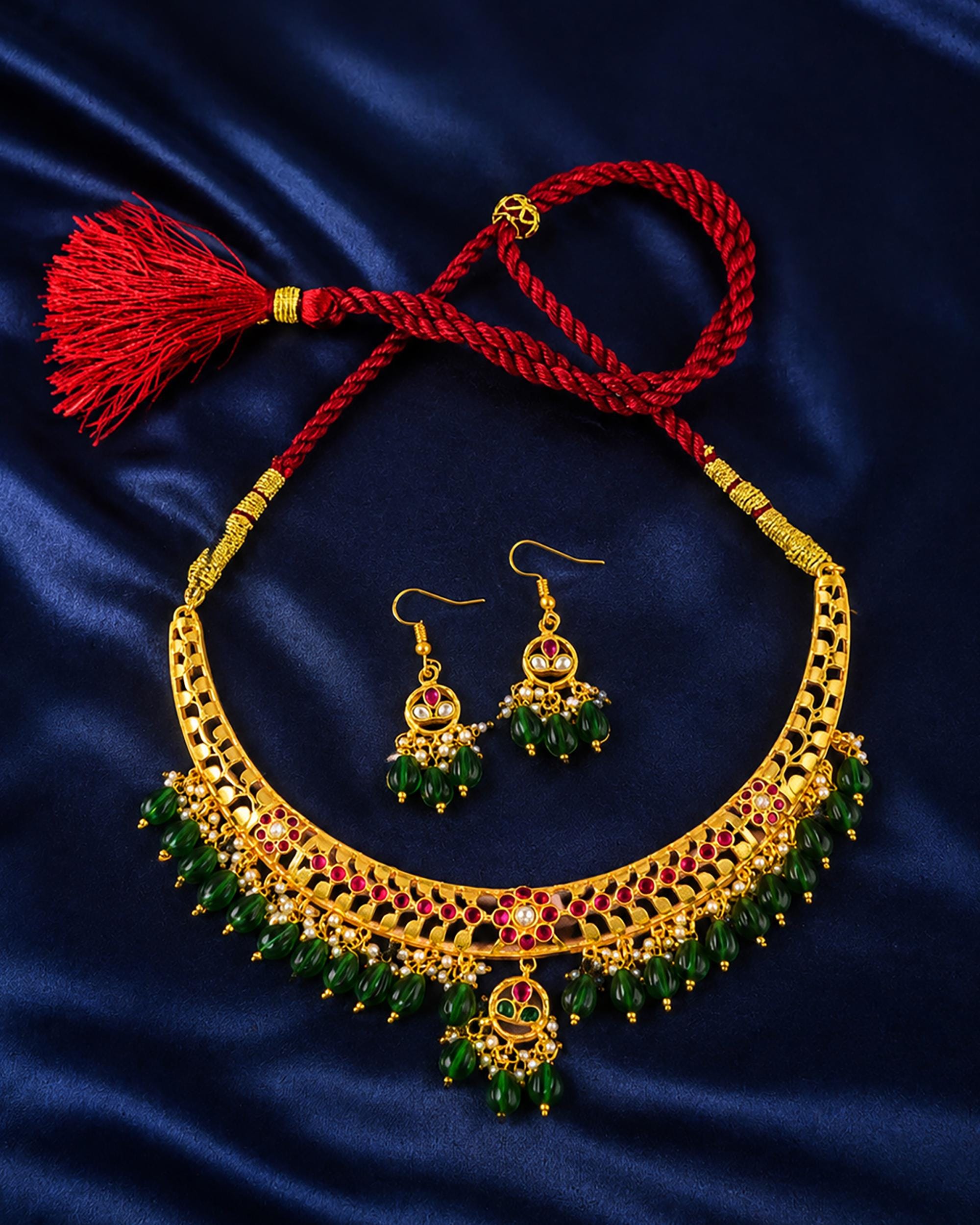 Gold-Plated Choker Necklace Earrings Set: Emerald Green Beads, Ruby Accents