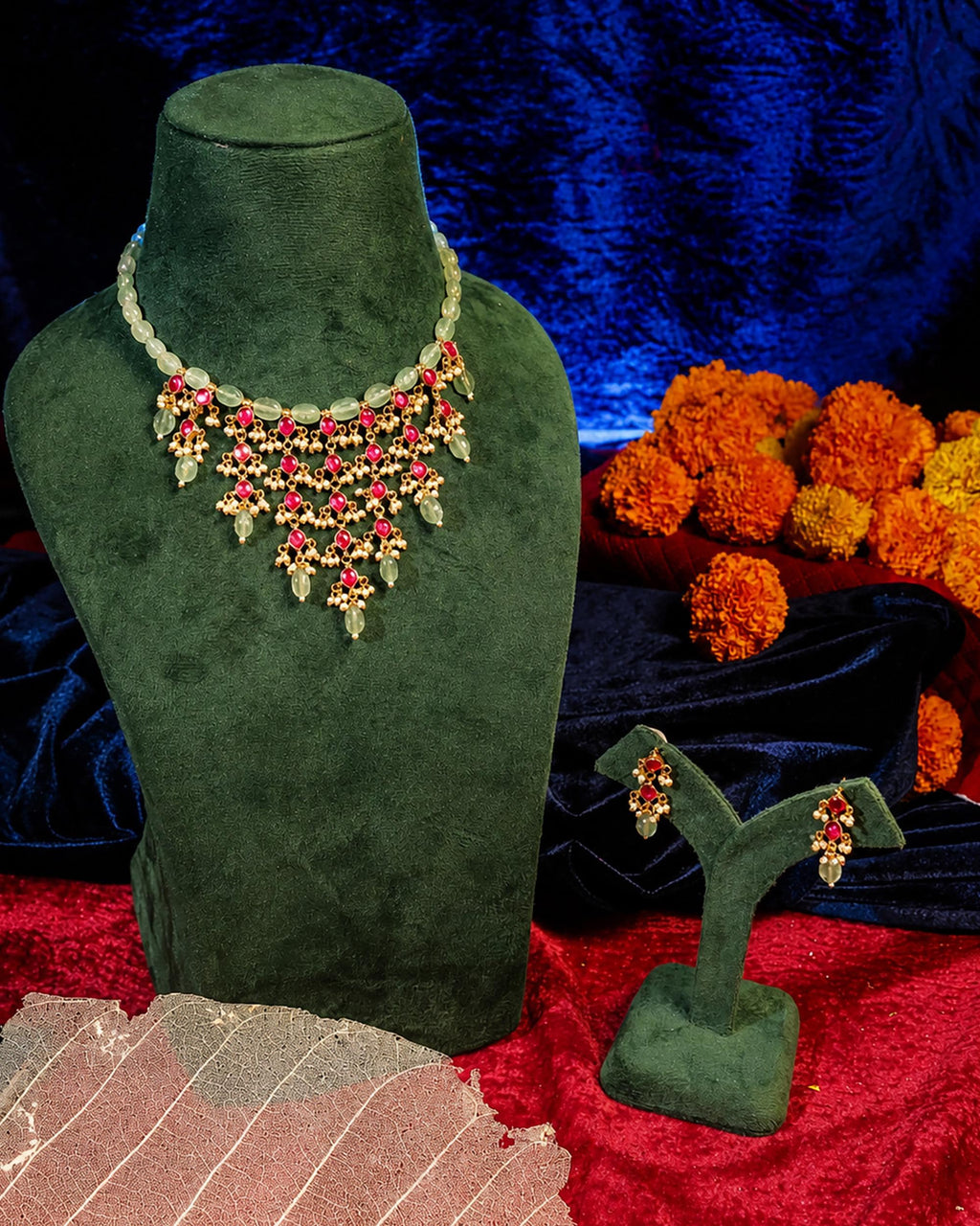 Royal Jadau Kundan Choker Necklace Earrings Set, Mint Green Emerald Beads, Ruby Pink Accents