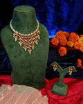 Royal Jadau Kundan Choker Necklace Earrings Set, Mint Green Emerald Beads, Ruby Pink Accents