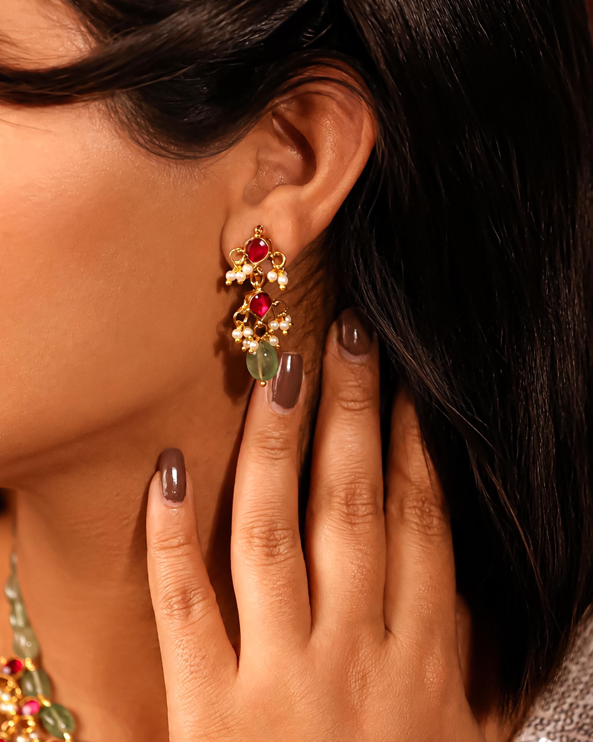 Royal Jadau Kundan Choker Necklace Earrings Set, Mint Green Emerald Beads, Ruby Pink Accents