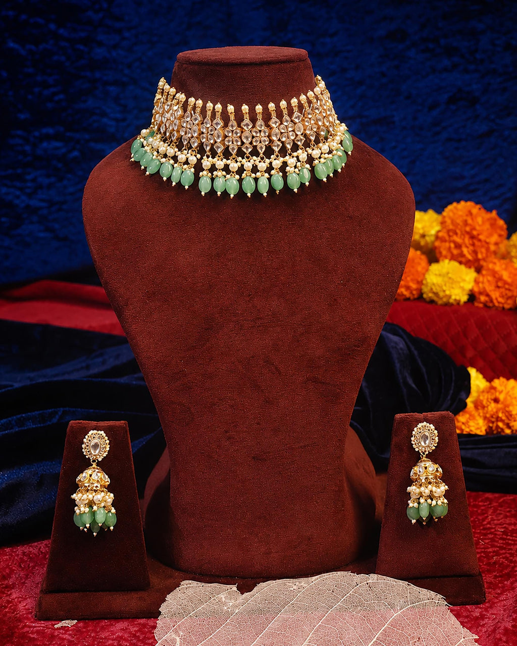 Exquisite Handcrafted Kundan Choker Necklace & Jhumka Earrings Set with Mint Green Beads