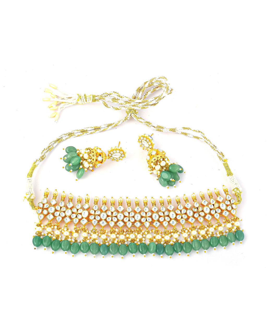 Exquisite Handcrafted Kundan Choker Necklace & Jhumka Earrings Set with Mint Green Beads