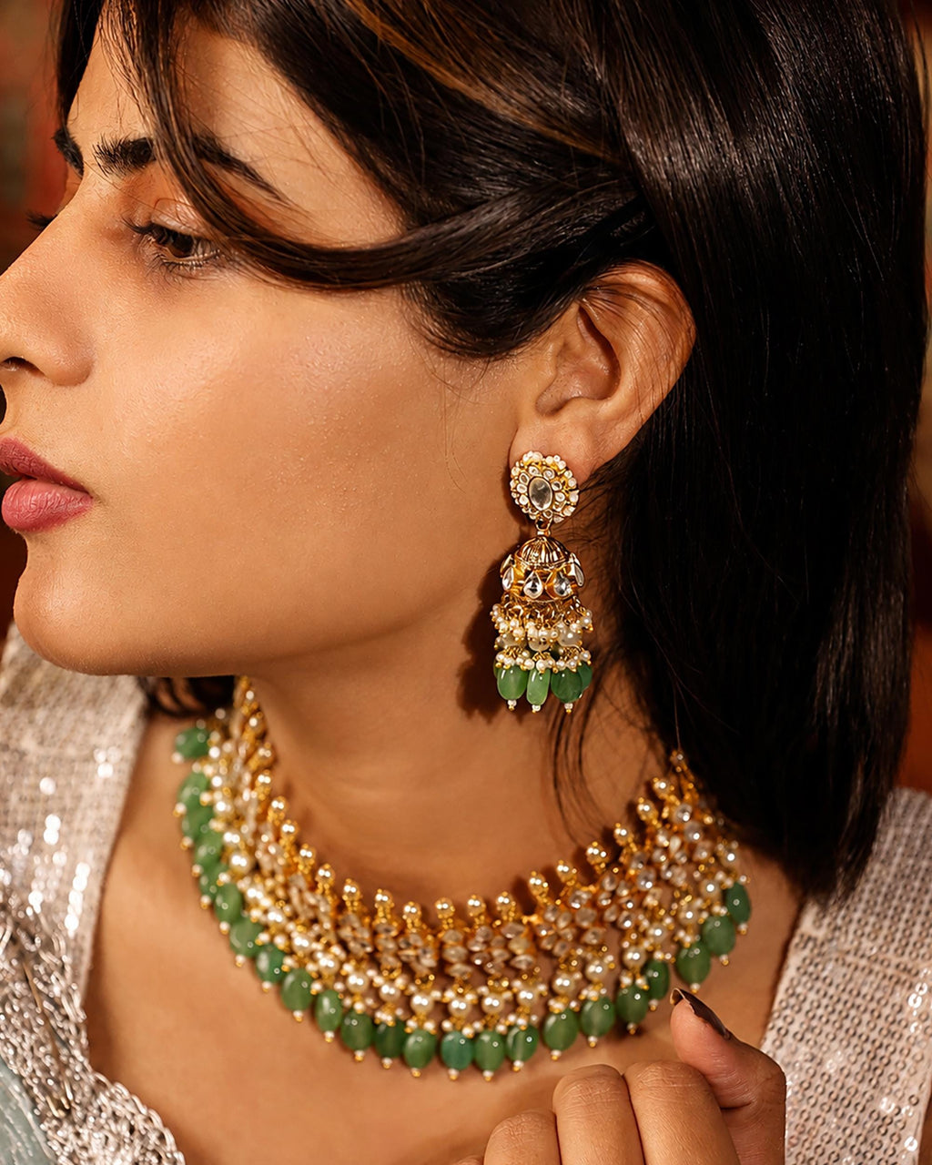 Exquisite Handcrafted Kundan Choker Necklace & Jhumka Earrings Set with Mint Green Beads