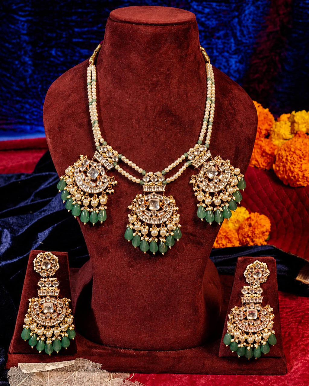 Royal Kundan Multi-Pendant Necklace & Statement Earrings Set with Emerald Green Drops