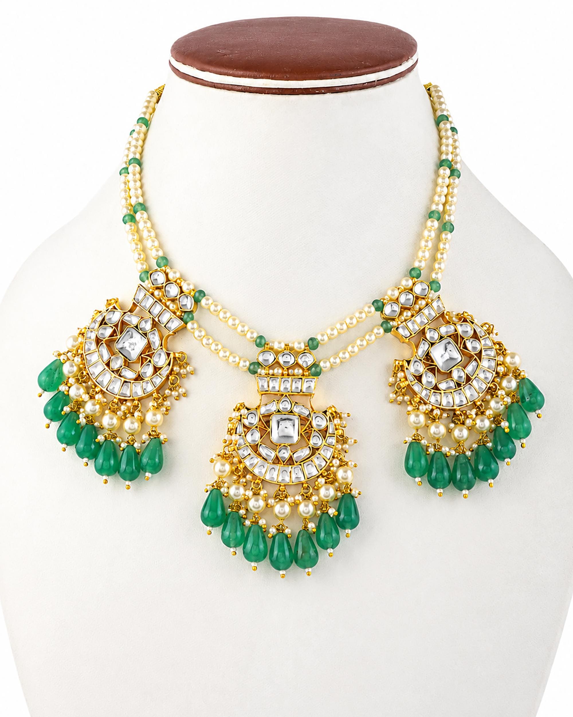 Royal Kundan Multi-Pendant Necklace & Statement Earrings Set with Emerald Green Drops
