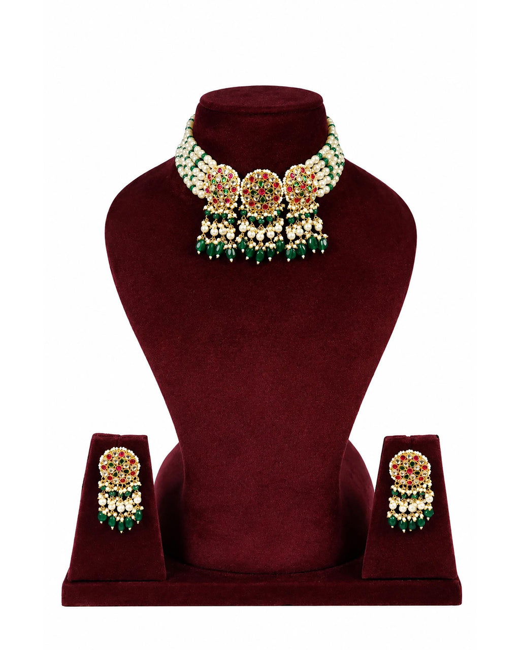 Traditional Handcrafted Kundan & Meenakari Multi-Strand Choker Necklace with Earrings