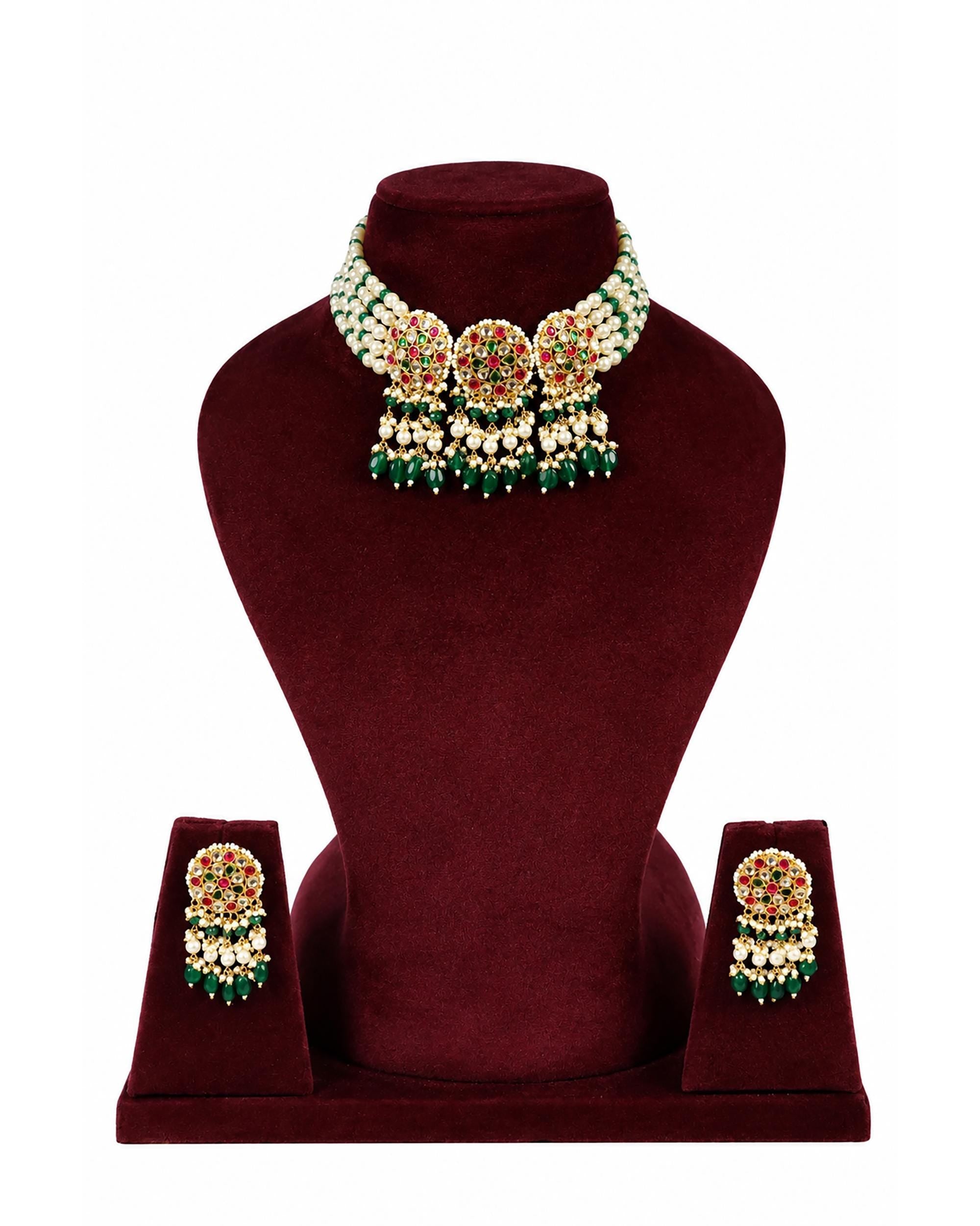 Traditional Handcrafted Kundan & Meenakari Multi-Strand Choker Necklace with Earrings