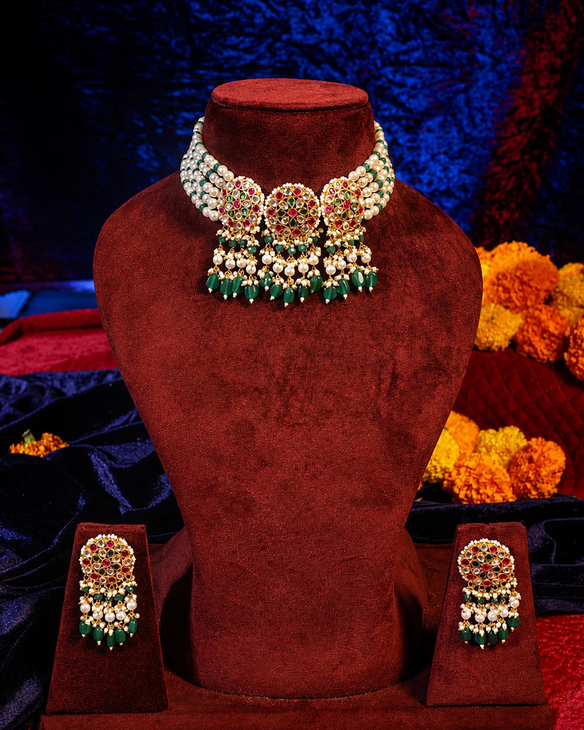 Traditional Handcrafted Kundan & Meenakari Multi-Strand Choker Necklace with Earrings