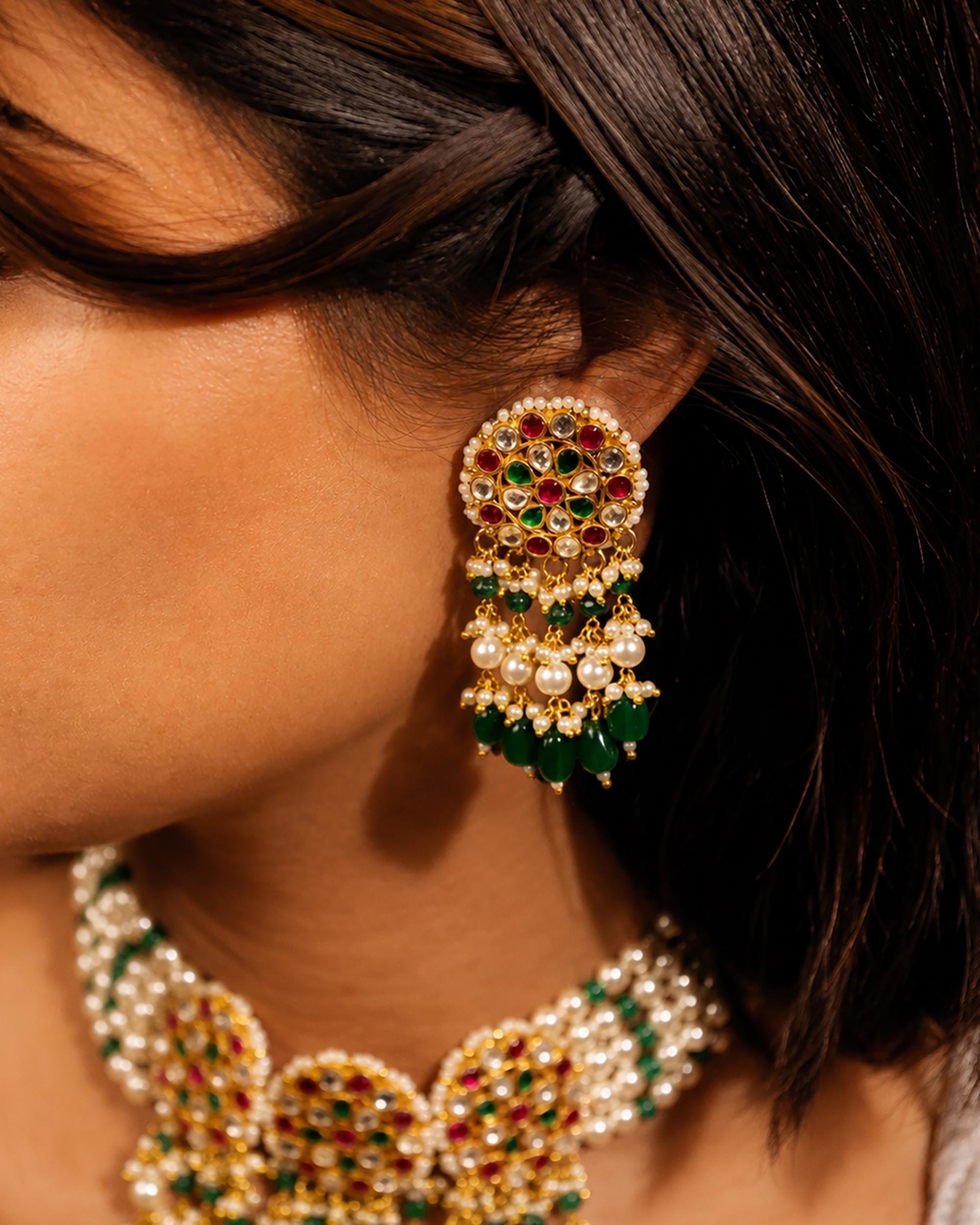 Traditional Handcrafted Kundan & Meenakari Multi-Strand Choker Necklace with Earrings