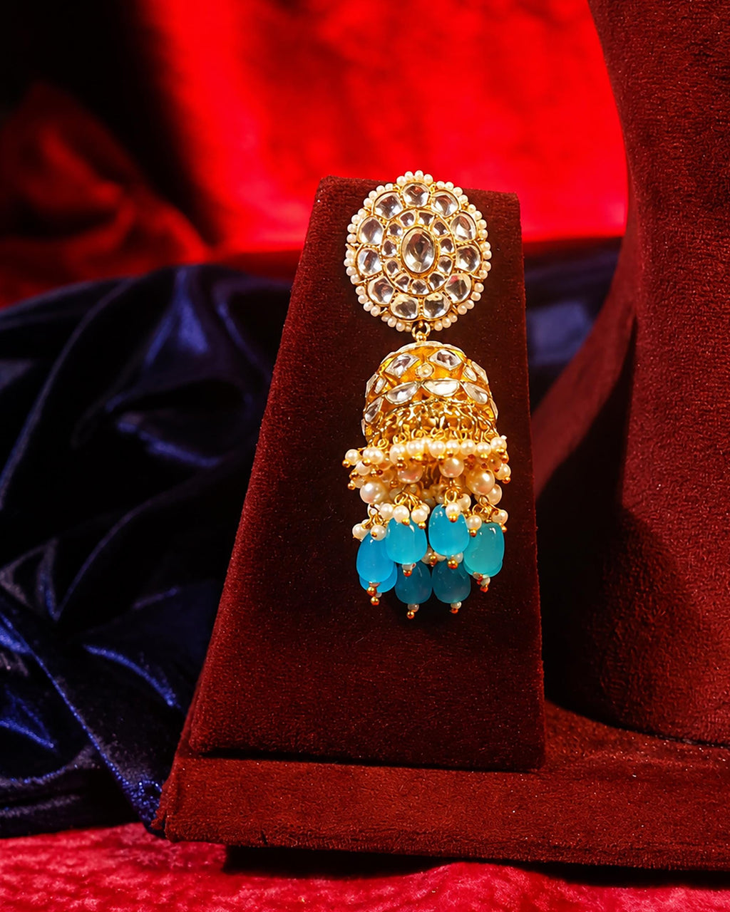 Royal Kundan Multi-Strand Pearl Choker & Jhumka Earrings Set with Sky Blue Beads