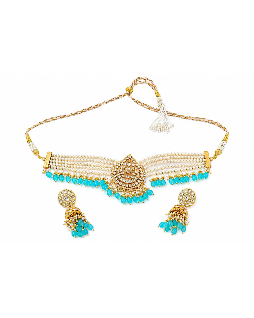 Royal Kundan Multi-Strand Pearl Choker & Jhumka Earrings Set with Sky Blue Beads