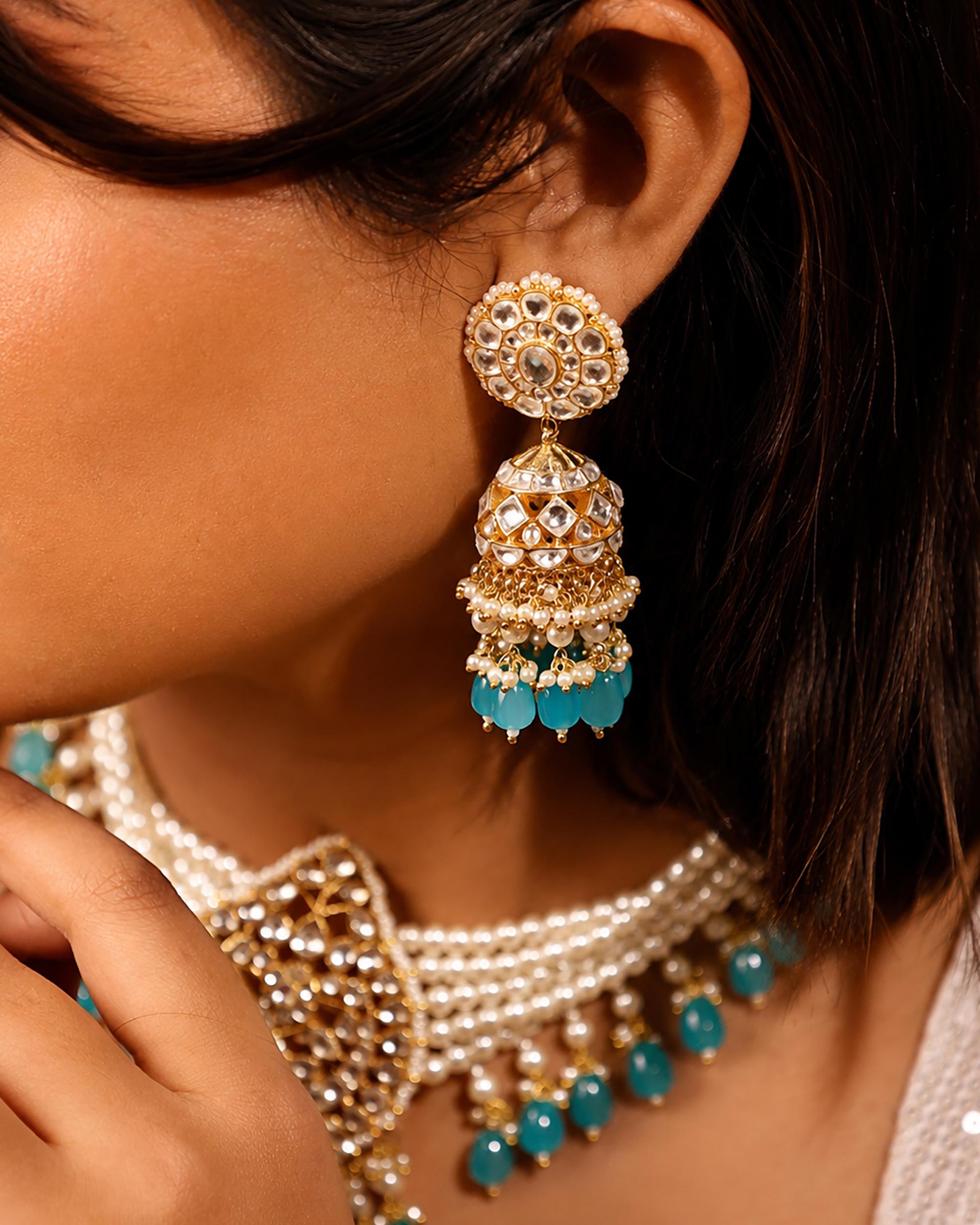 Royal Kundan Multi-Strand Pearl Choker & Jhumka Earrings Set with Sky Blue Beads