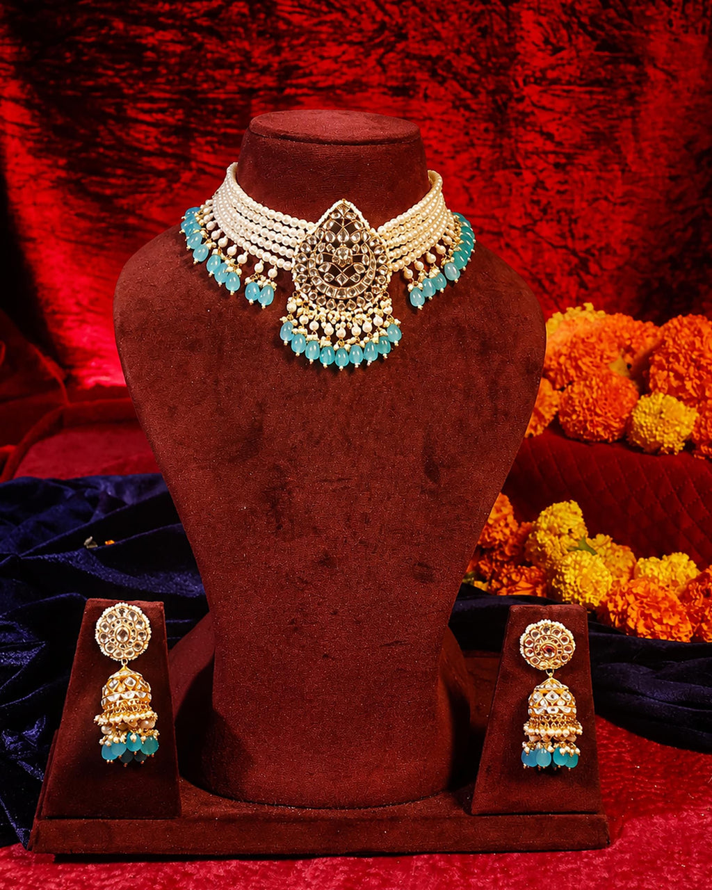 Royal Kundan Multi-Strand Pearl Choker & Jhumka Earrings Set with Sky Blue Beads