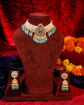 Royal Kundan Multi-Strand Pearl Choker & Jhumka Earrings Set with Sky Blue Beads