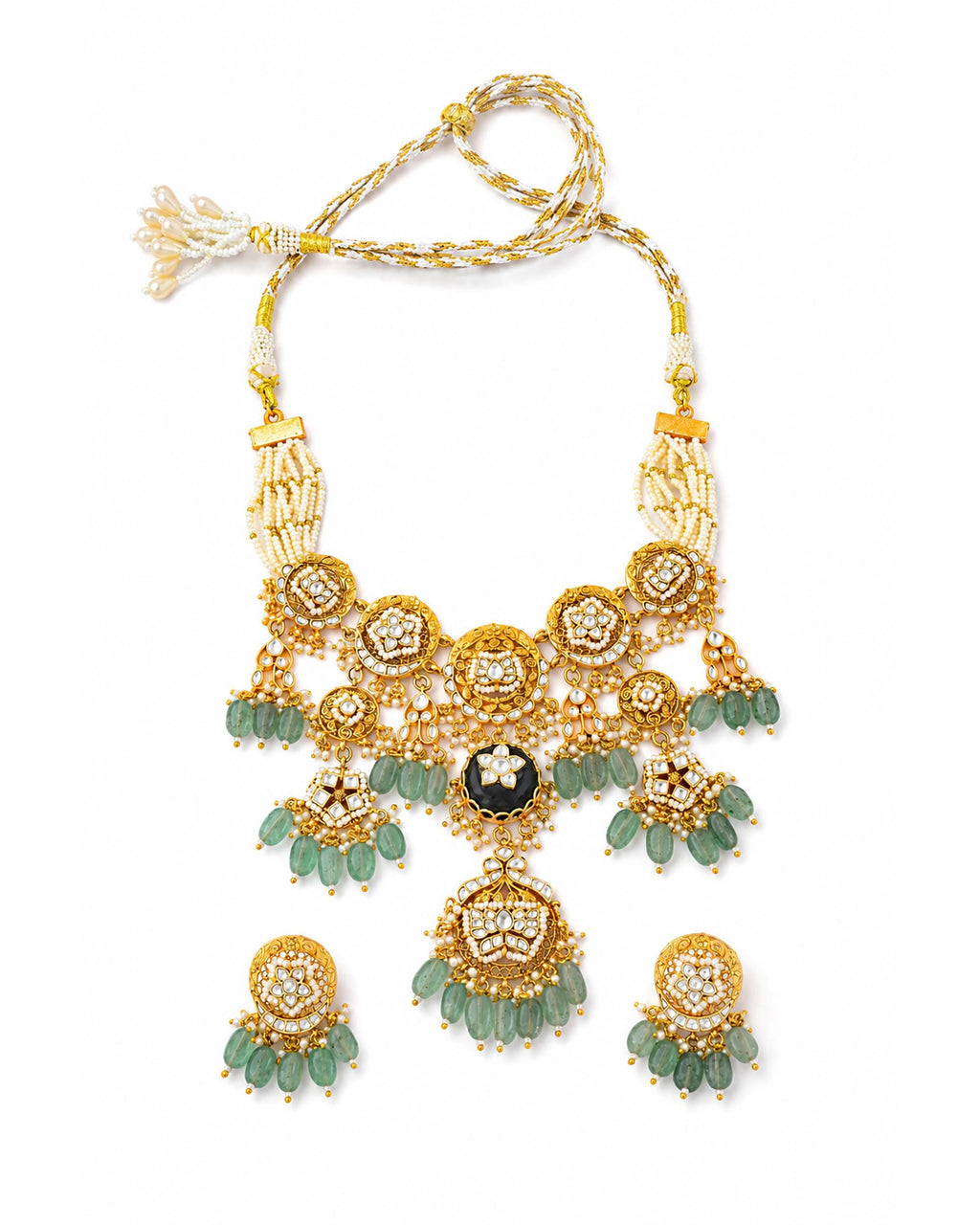 Royal Heritage Kundan Statement Necklace & Earrings Set with Mint Green Gemstone Beads