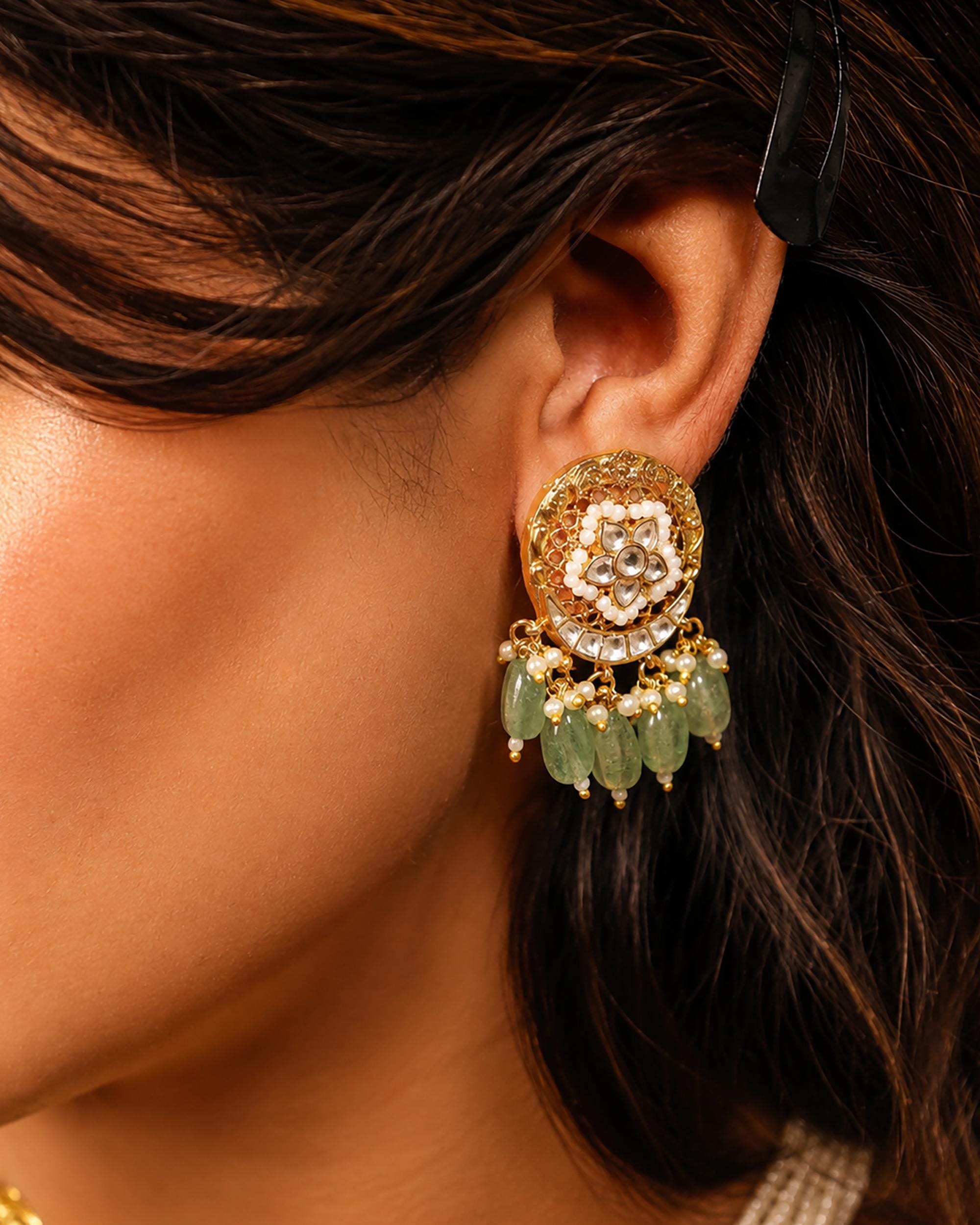 Royal Heritage Kundan Statement Necklace & Earrings Set with Mint Green Gemstone Beads