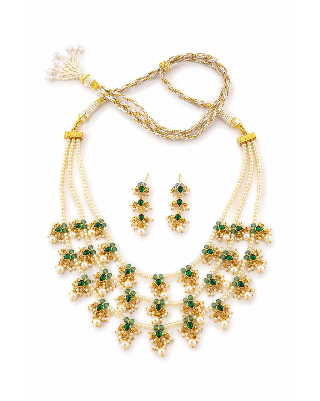 Indian Emerald Pearl Ranihaar Necklace Set, Gold Plated Kundan Bridal Jewelry
