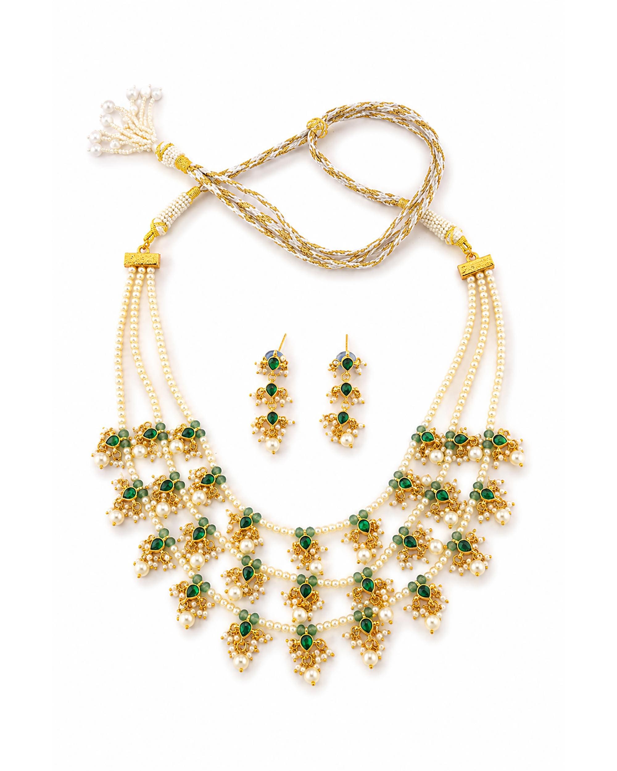 Indian Emerald Pearl Ranihaar Necklace Set, Gold Plated Kundan Bridal Jewelry