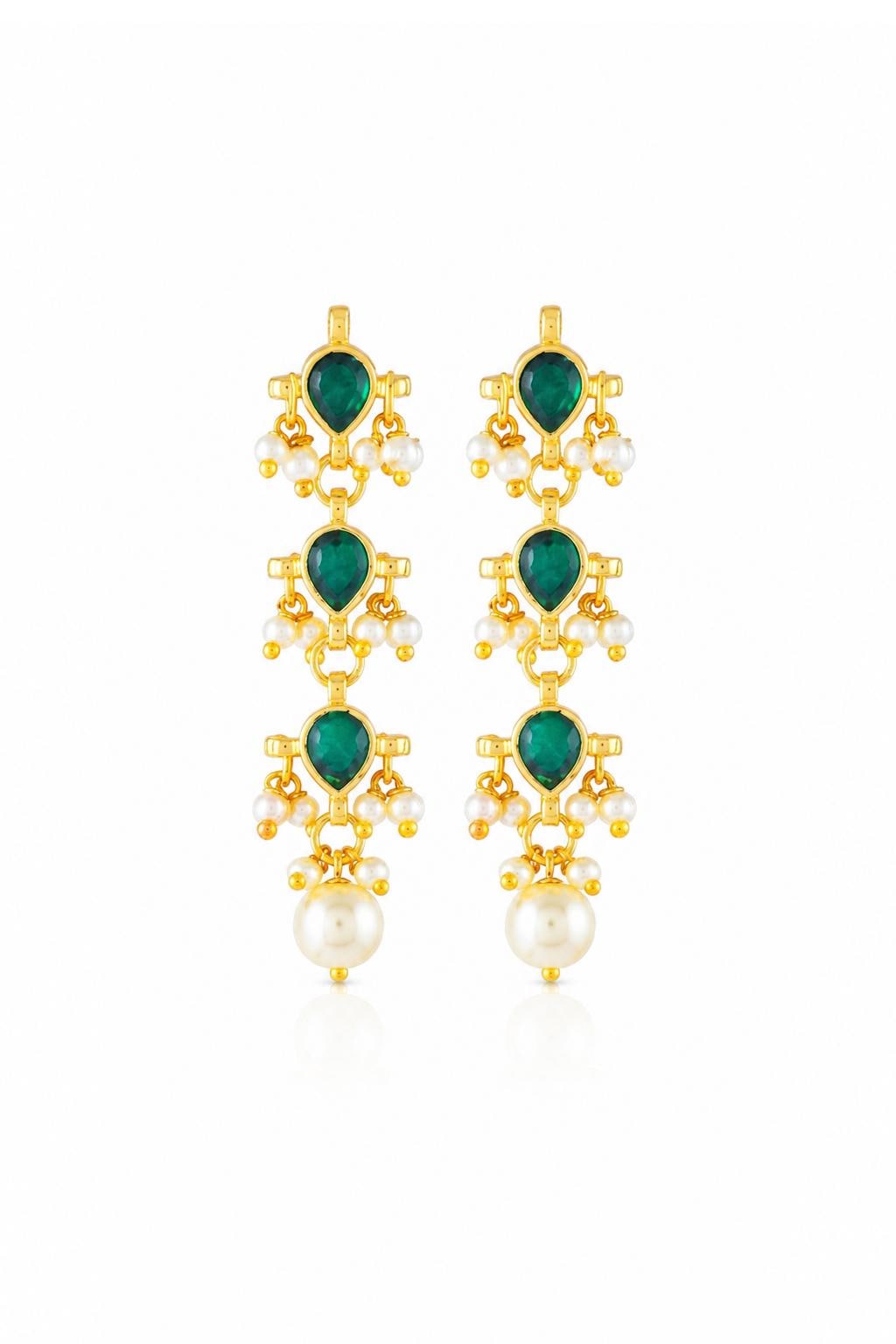 Indian Emerald Pearl Ranihaar Necklace Set, Gold Plated Kundan Bridal Jewelry