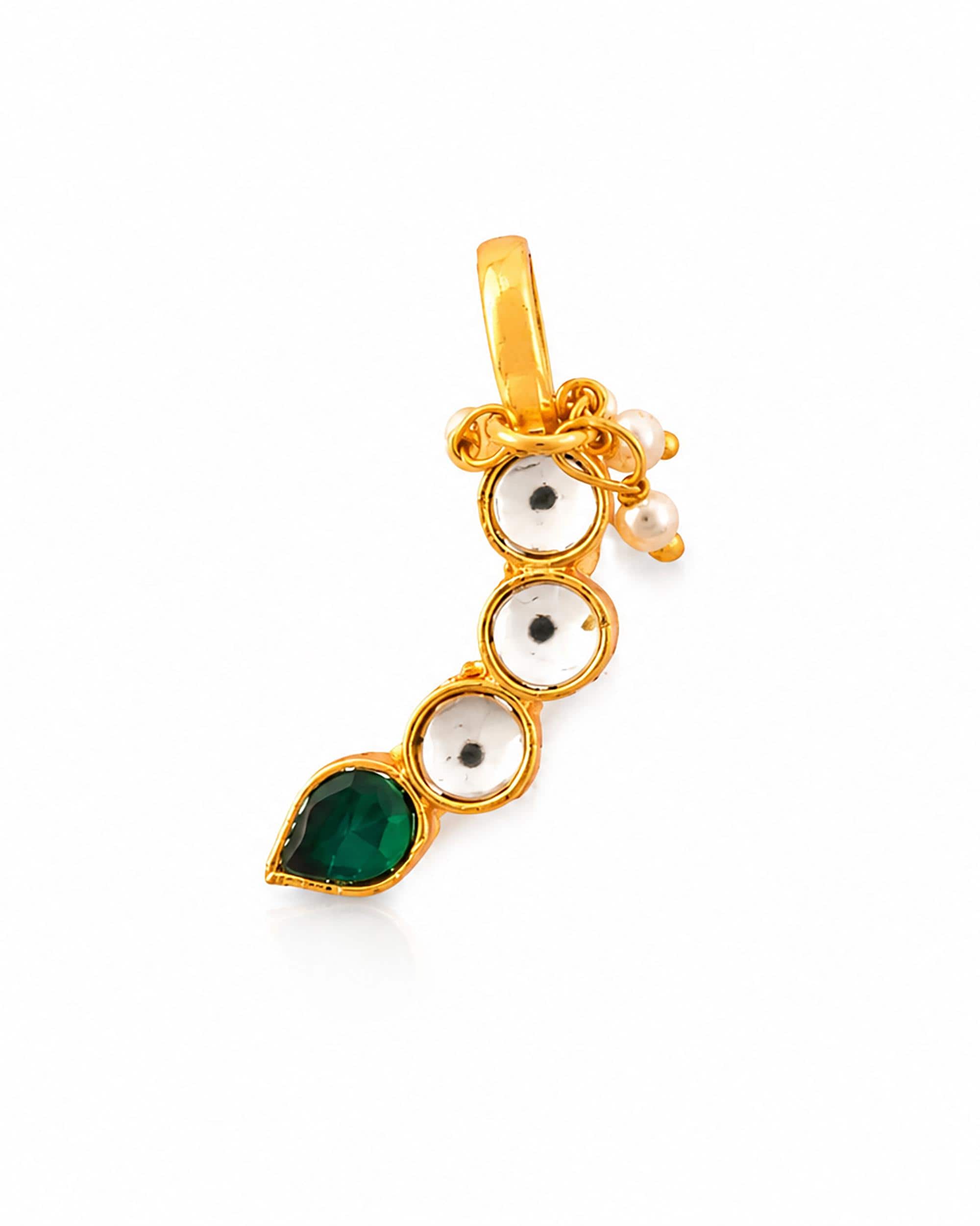 Traditional Kundan Nose Pin Clip On, Emerald Teardrop Nath, Gold-Toned Wedding Jewelry