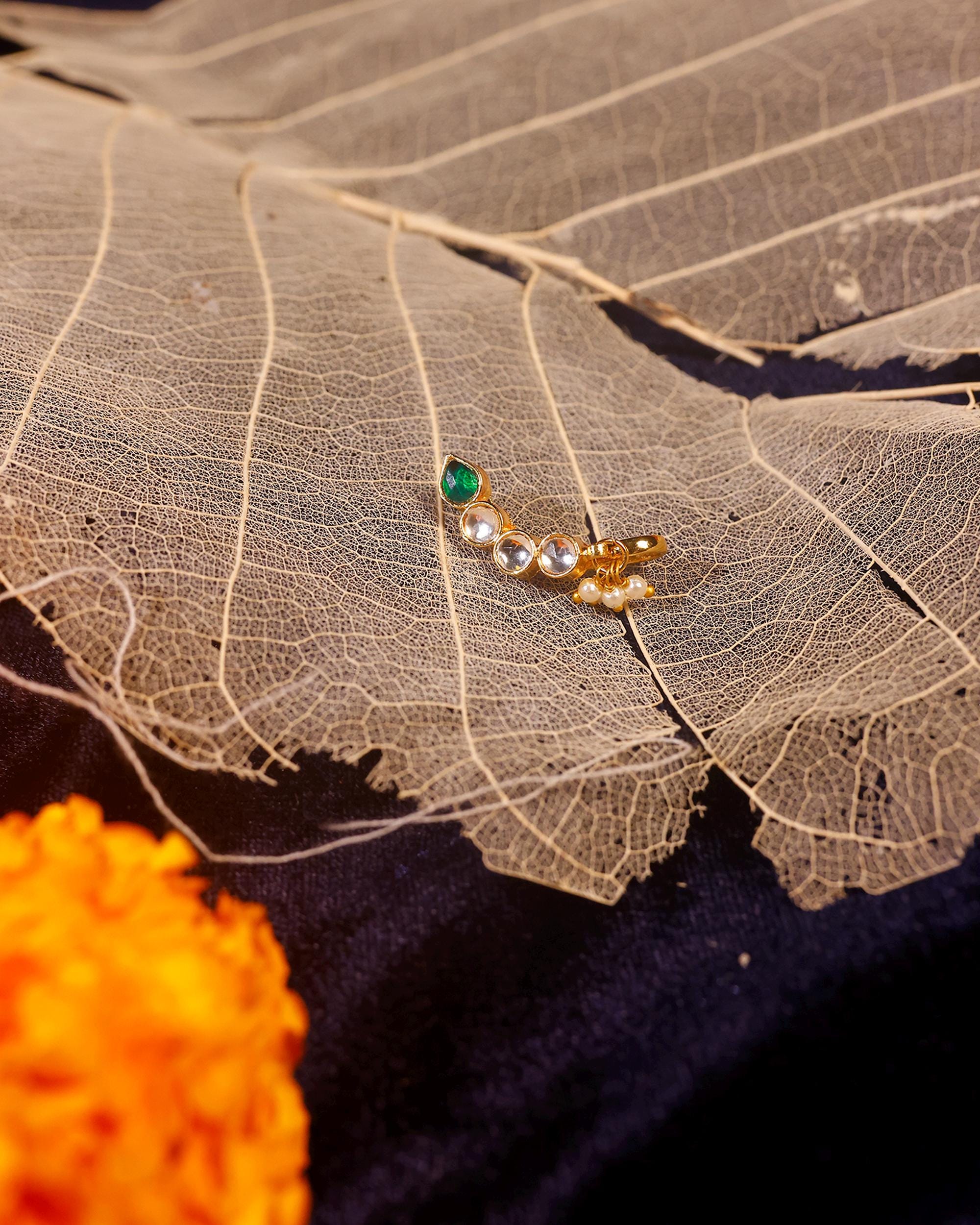 Traditional Kundan Nose Pin Clip On, Emerald Teardrop Nath, Gold-Toned Wedding Jewelry