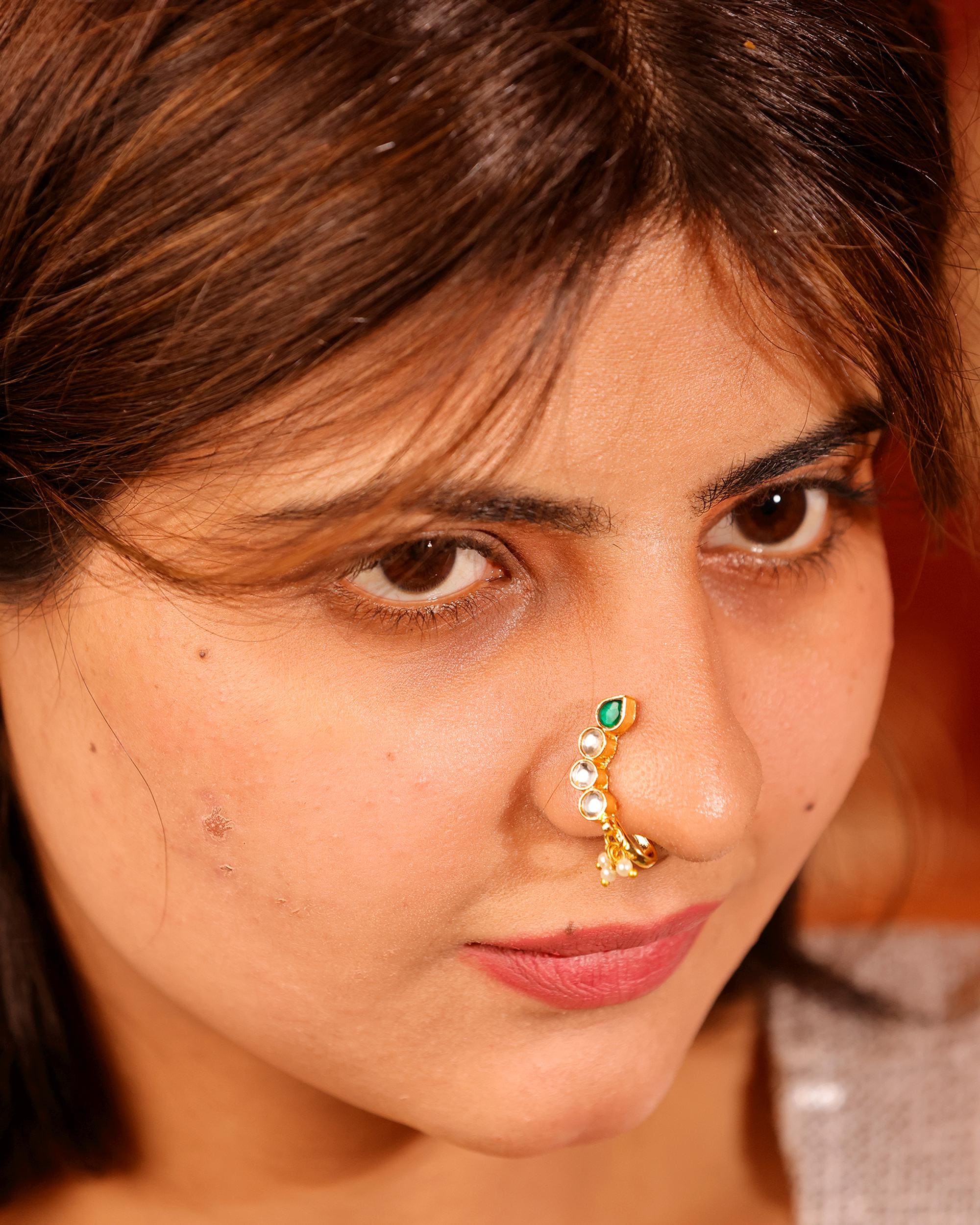 Traditional Kundan Nose Pin Clip On, Emerald Teardrop Nath, Gold-Toned Wedding Jewelry