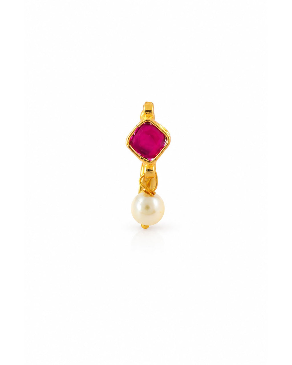 Gold Plated Pink Stone Clip-On Nose Ring, Kundan Style Miniature Nath, Pearl Drop
