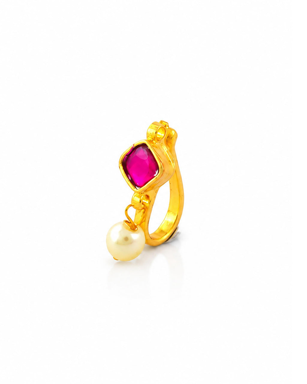 Gold Plated Pink Stone Clip-On Nose Ring, Kundan Style Miniature Nath, Pearl Drop