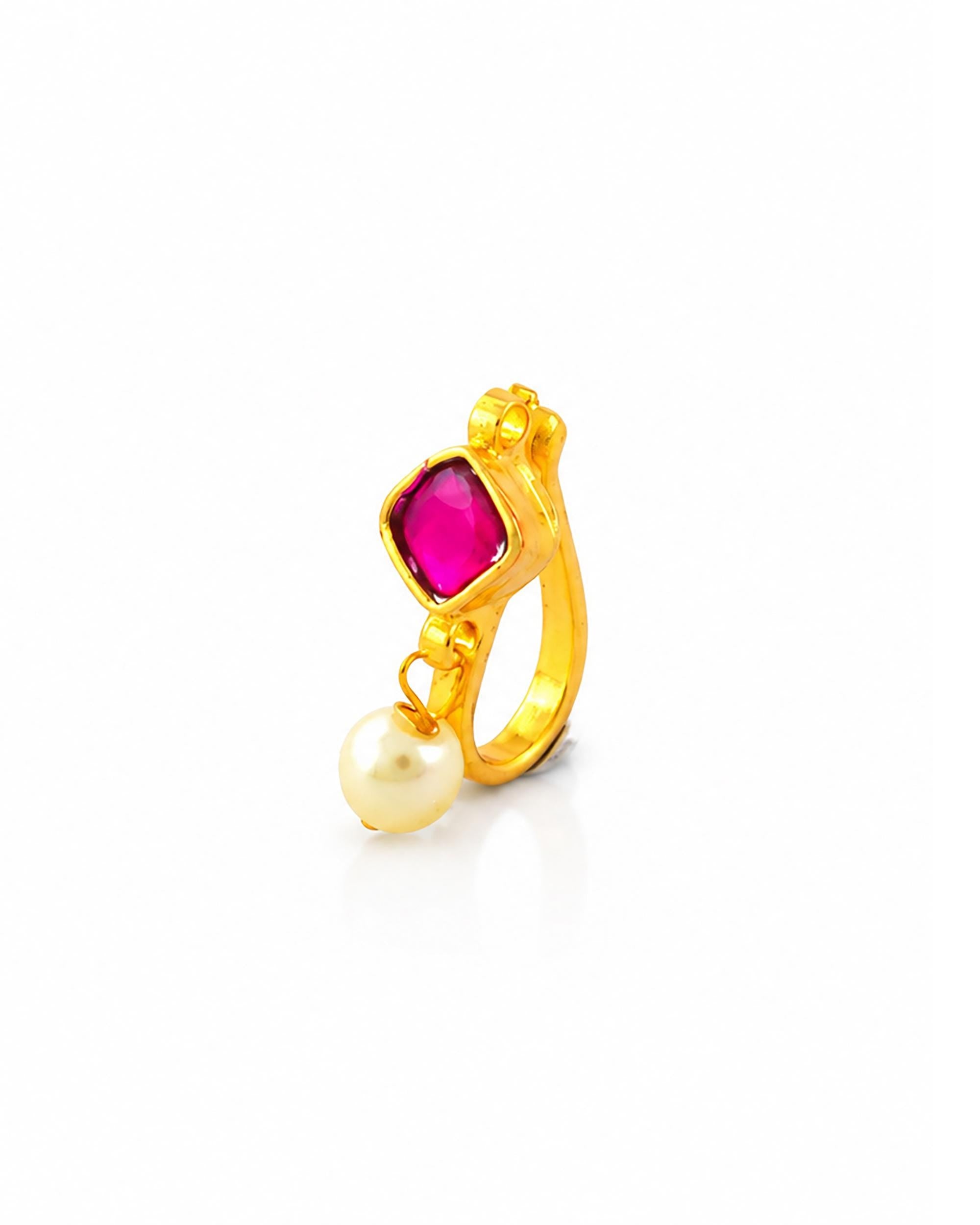 Gold Plated Pink Stone Clip-On Nose Ring, Kundan Style Miniature Nath, Pearl Drop