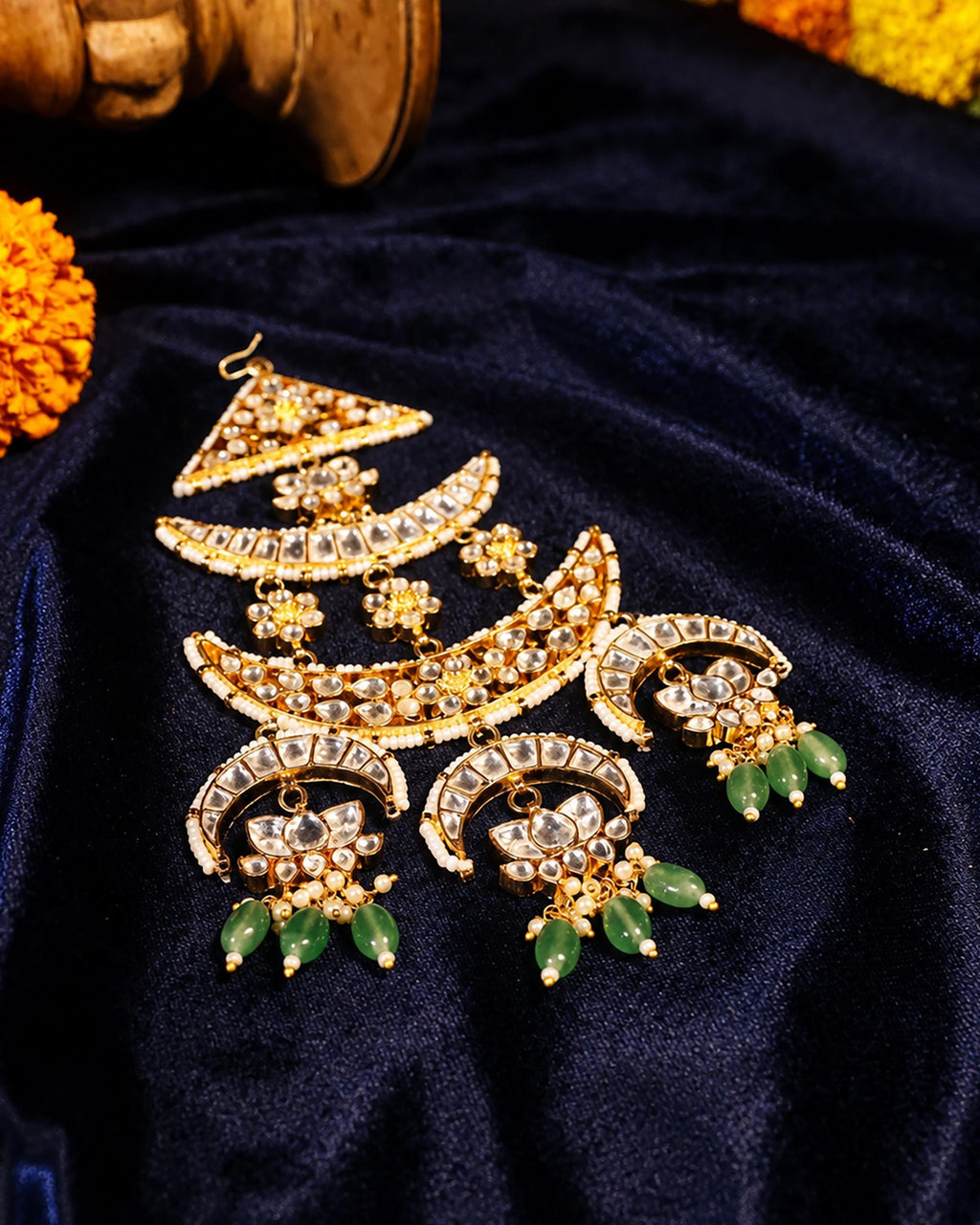 Traditional Kundan Passa, Emerald Green Bridal Jhumar Hair Jewelry