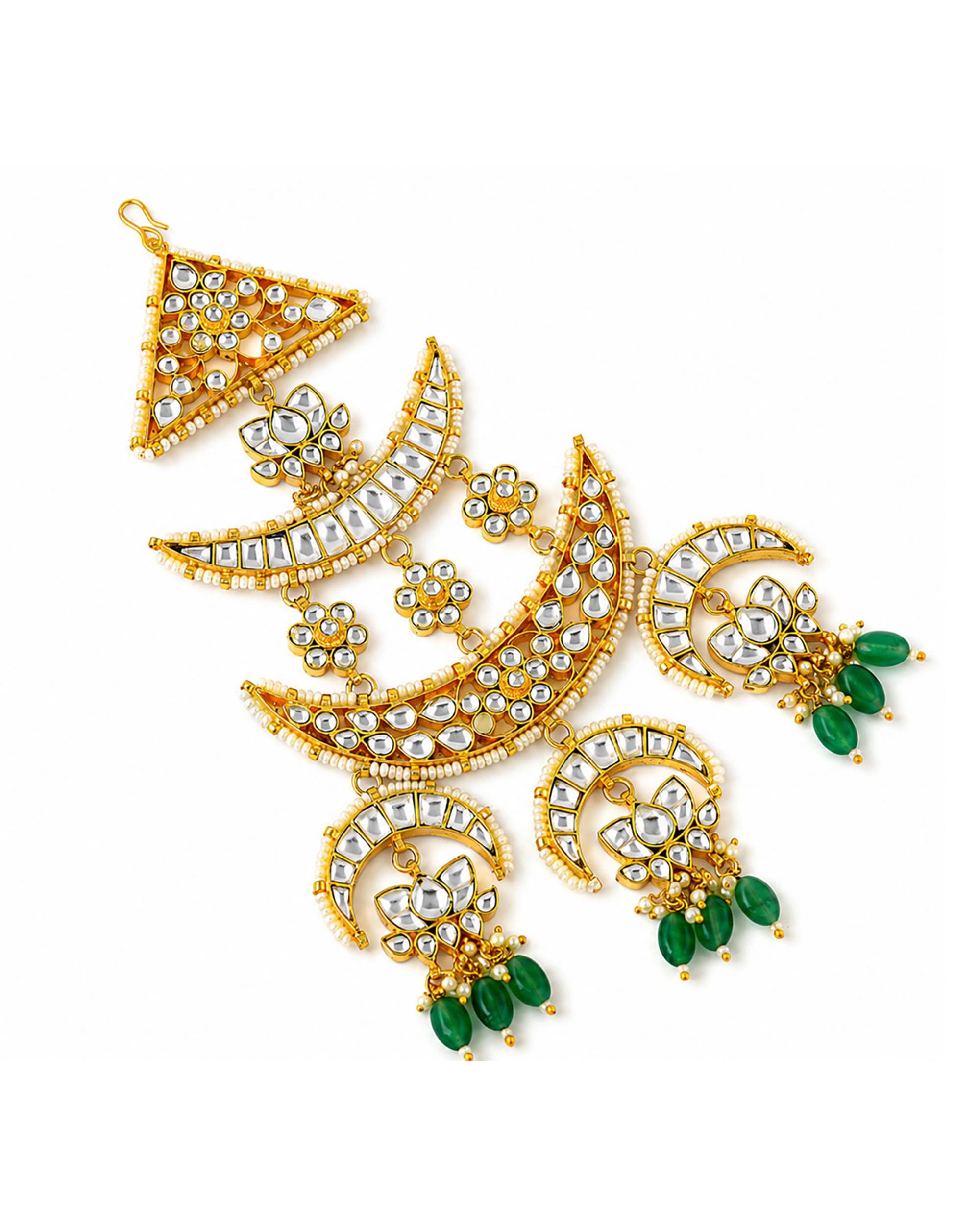 Traditional Kundan Passa, Emerald Green Bridal Jhumar Hair Jewelry