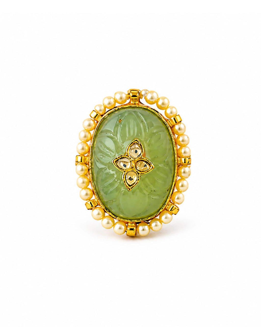 Mint Green Carved Stone Statement Ring, Pearl Halo Kundan Adjustable Ring