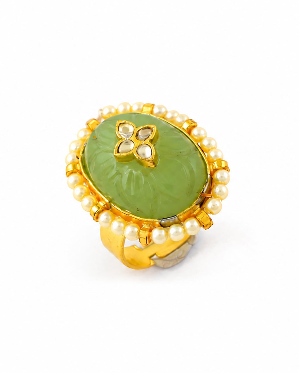 Mint Green Carved Stone Statement Ring, Pearl Halo Kundan Adjustable Ring