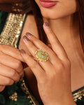Mint Green Carved Stone Statement Ring, Pearl Halo Kundan Adjustable Ring