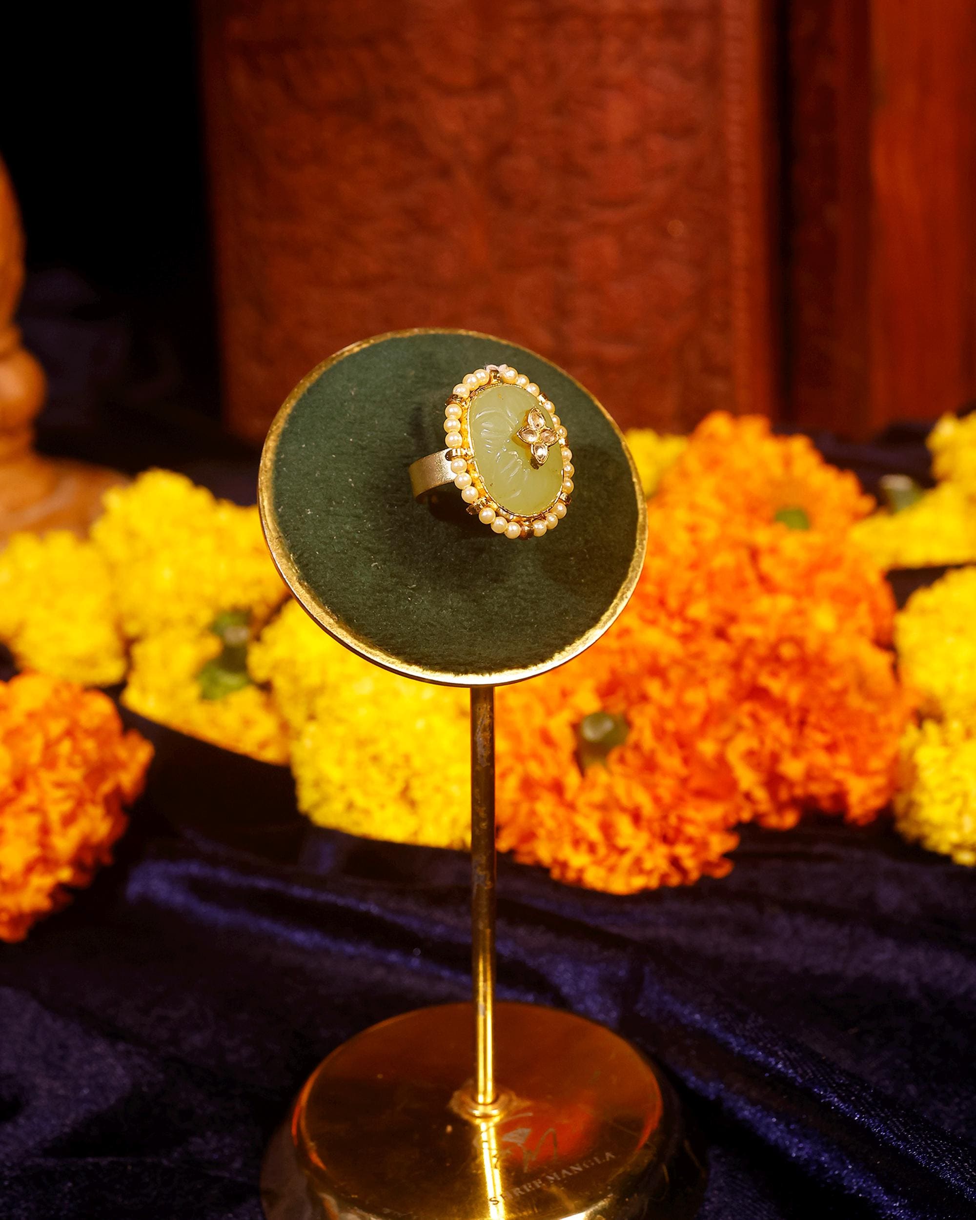 Mint Green Carved Stone Statement Ring, Pearl Halo Kundan Adjustable Ring