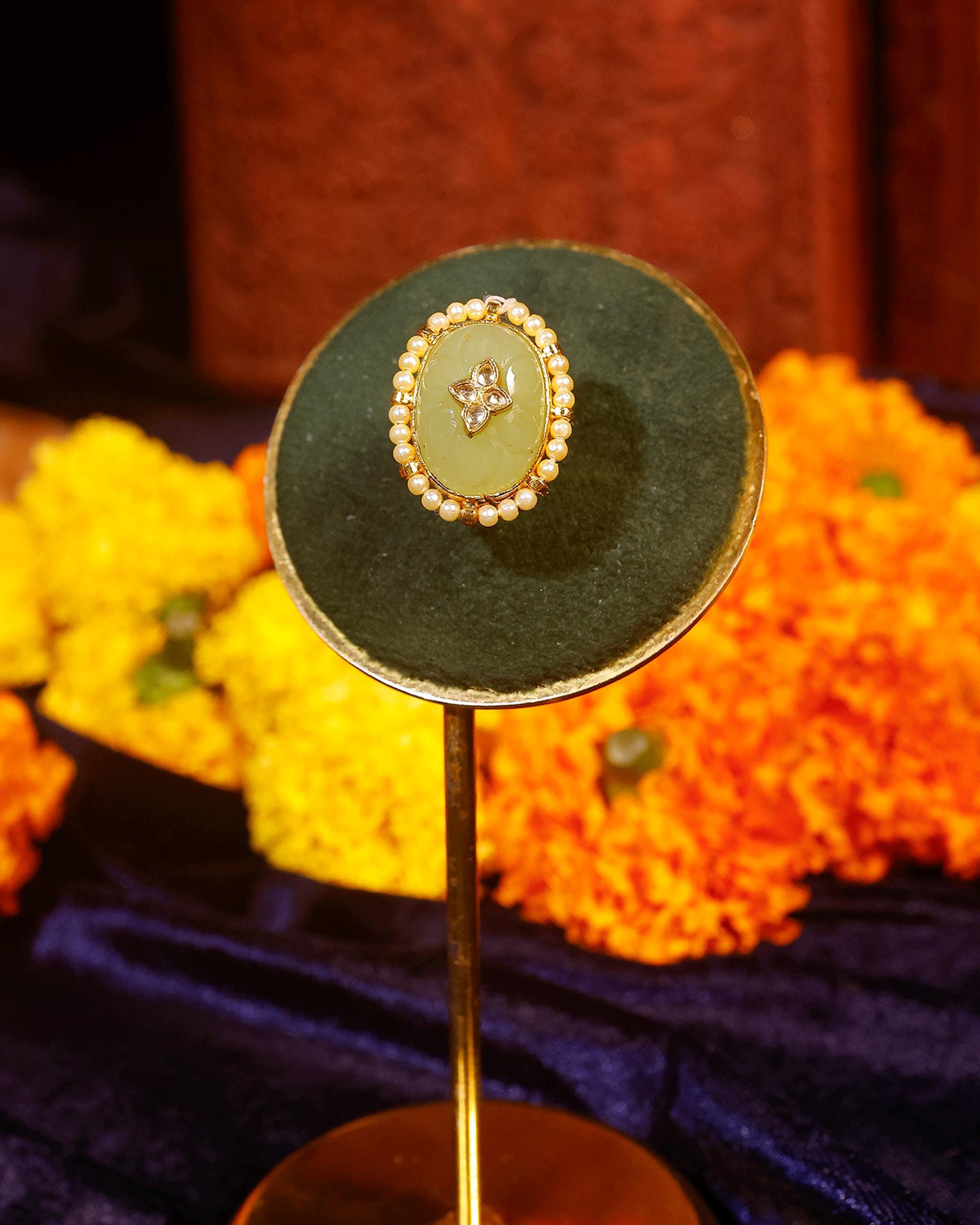 Mint Green Carved Stone Statement Ring, Pearl Halo Kundan Adjustable Ring