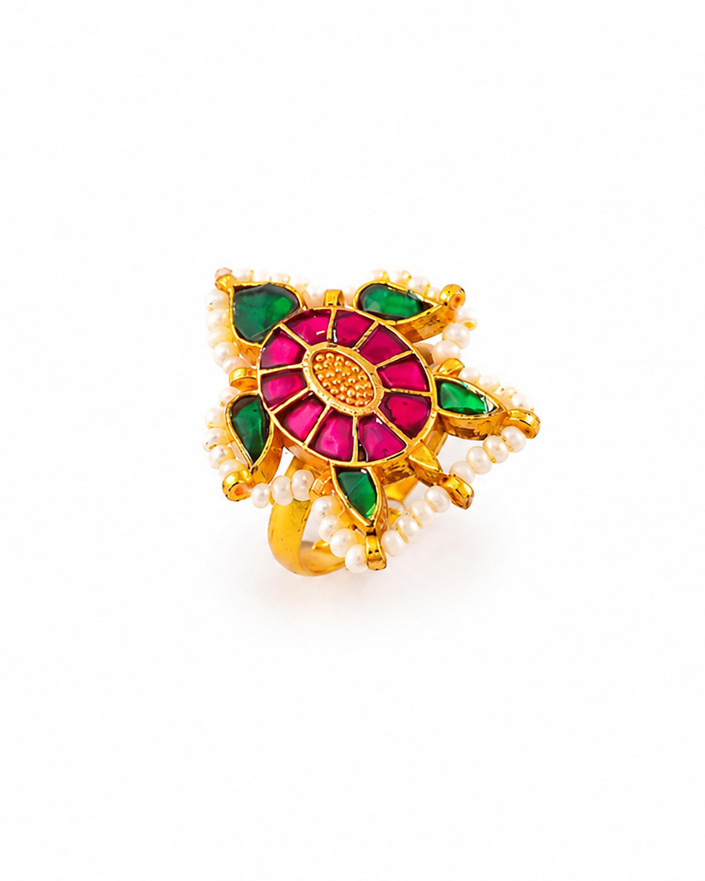 Gold Plated Floral Statement Ring, Multi-Color Navratna Style, Adjustable Pearl Border