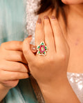 Gold Plated Floral Statement Ring, Multi-Color Navratna Style, Adjustable Pearl Border