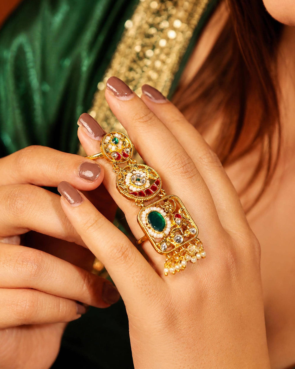 Royal Hathphool Armor Ring | Gold Plated Kundan Statement Ring with Pearls