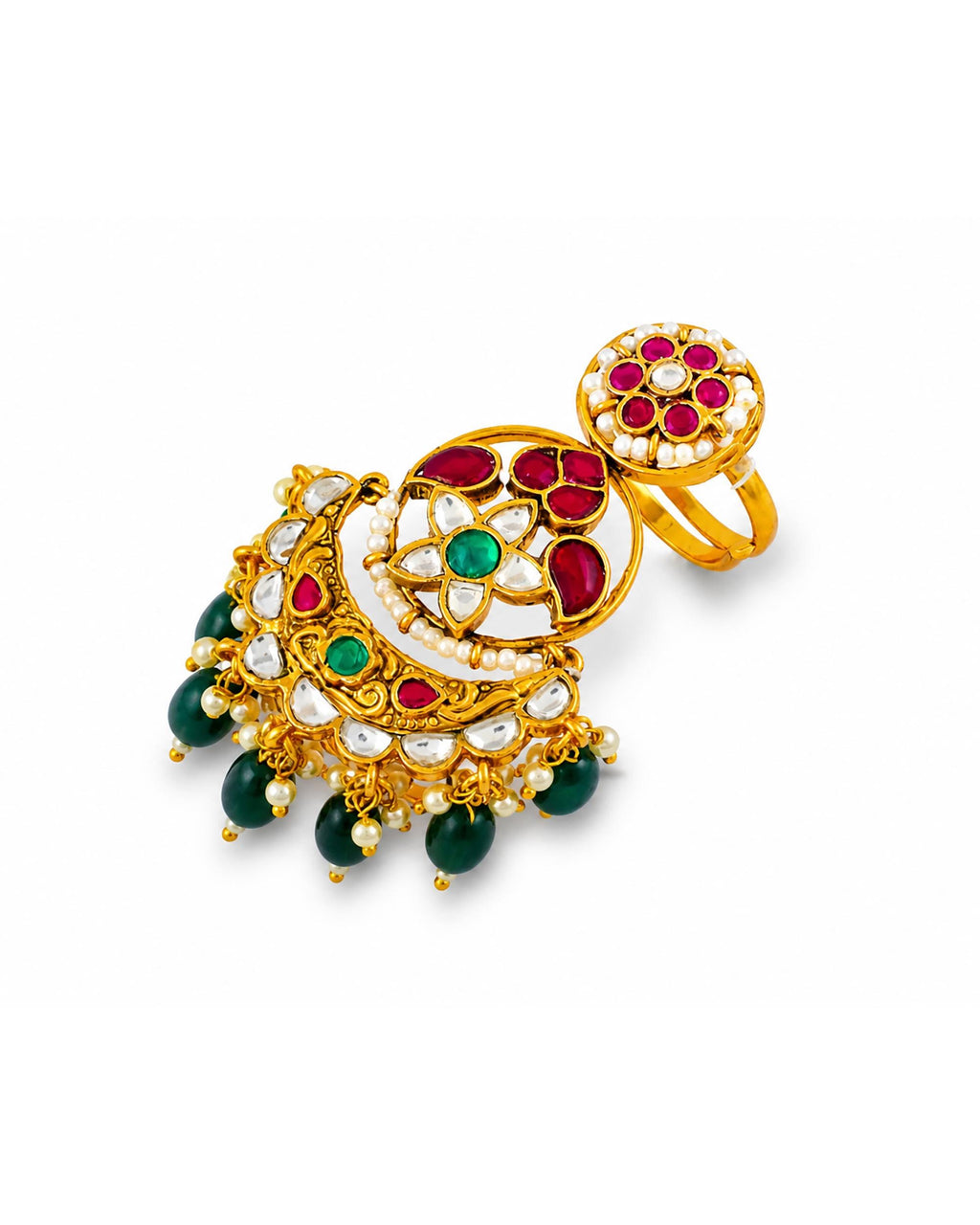 Traditional Kundan Adjustable Ring | Green & Ruby Red Stone Ring | Pearl Dangle Ethnic Ring | Indian Bridal Jewelry | Festive Statement Ring