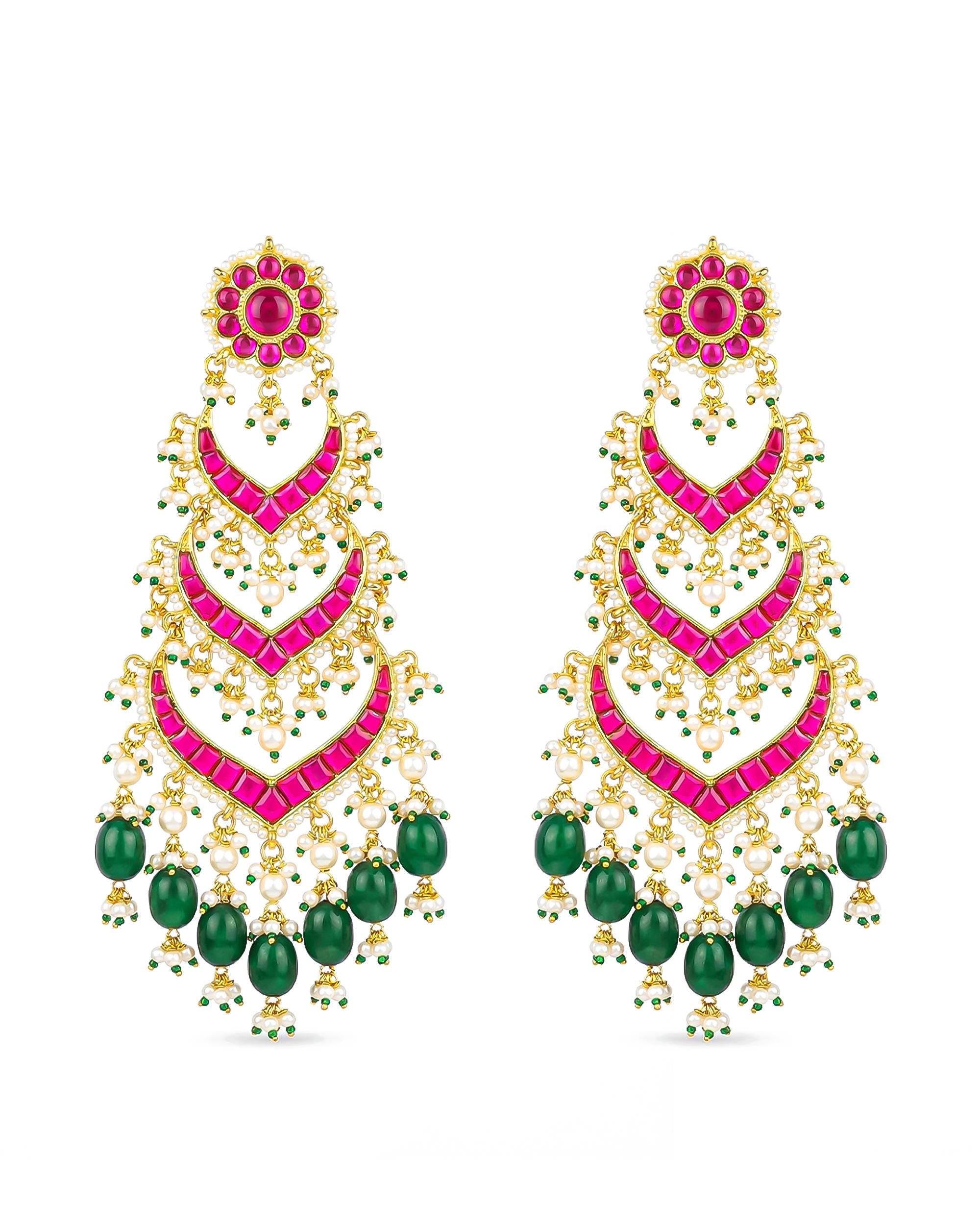 Multi Tier Ruby Pink Emerald Green Statement Chandbali Jhumka Earrings, Indian Wedding Bridal Jewelry