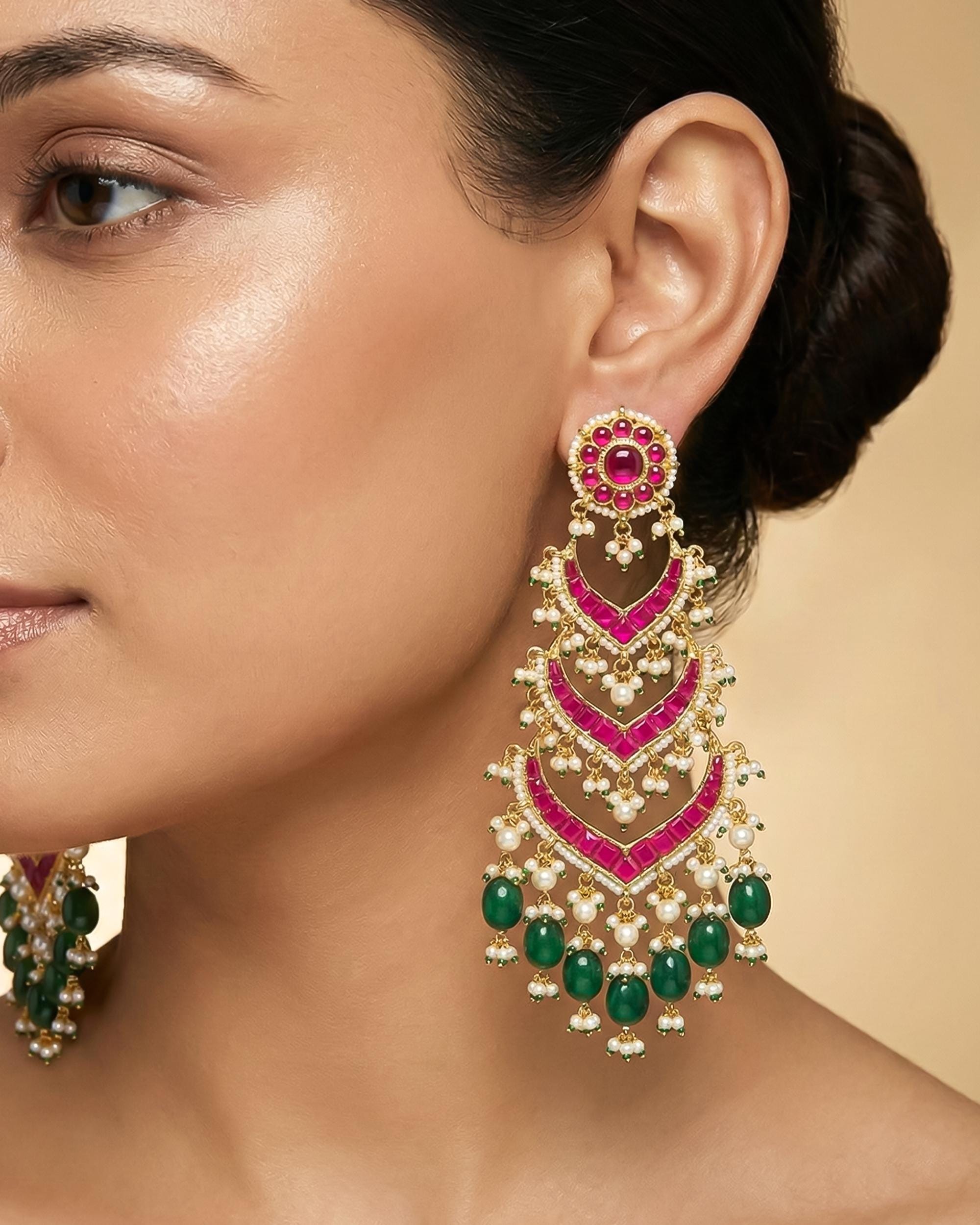 Multi Tier Ruby Pink Emerald Green Statement Chandbali Jhumka Earrings, Indian Wedding Bridal Jewelry